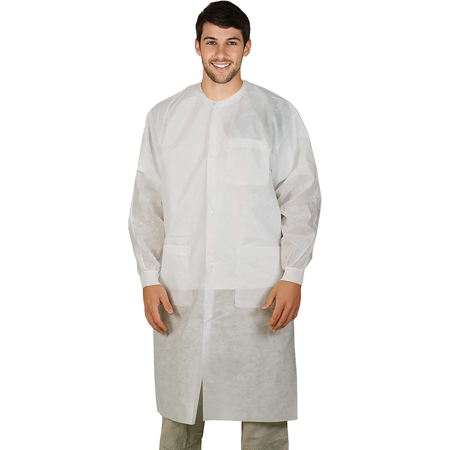 Disposable Lab coats Pack of 10 White SPP 45 gsm Work gowns Large Protective clothing with Snaps Front Knit cuffs & collar 3 Pockets Unisex Knee-Length Medical Uniform for Adults(D0102HI74RU)