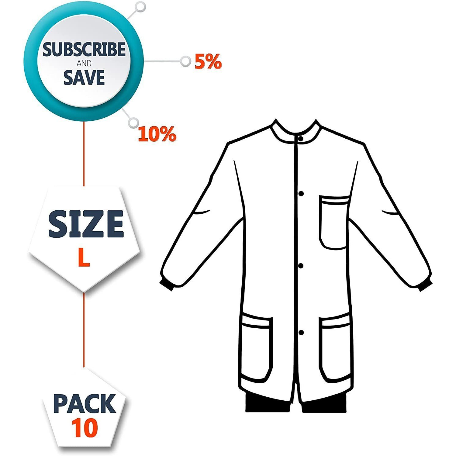 Disposable Lab coats Pack of 10 White SPP 45 gsm Work gowns Large Protective clothing with Snaps Front Knit cuffs & collar 3 Pockets Unisex Knee-Length Medical Uniform for Adults(D0102HI74RU)