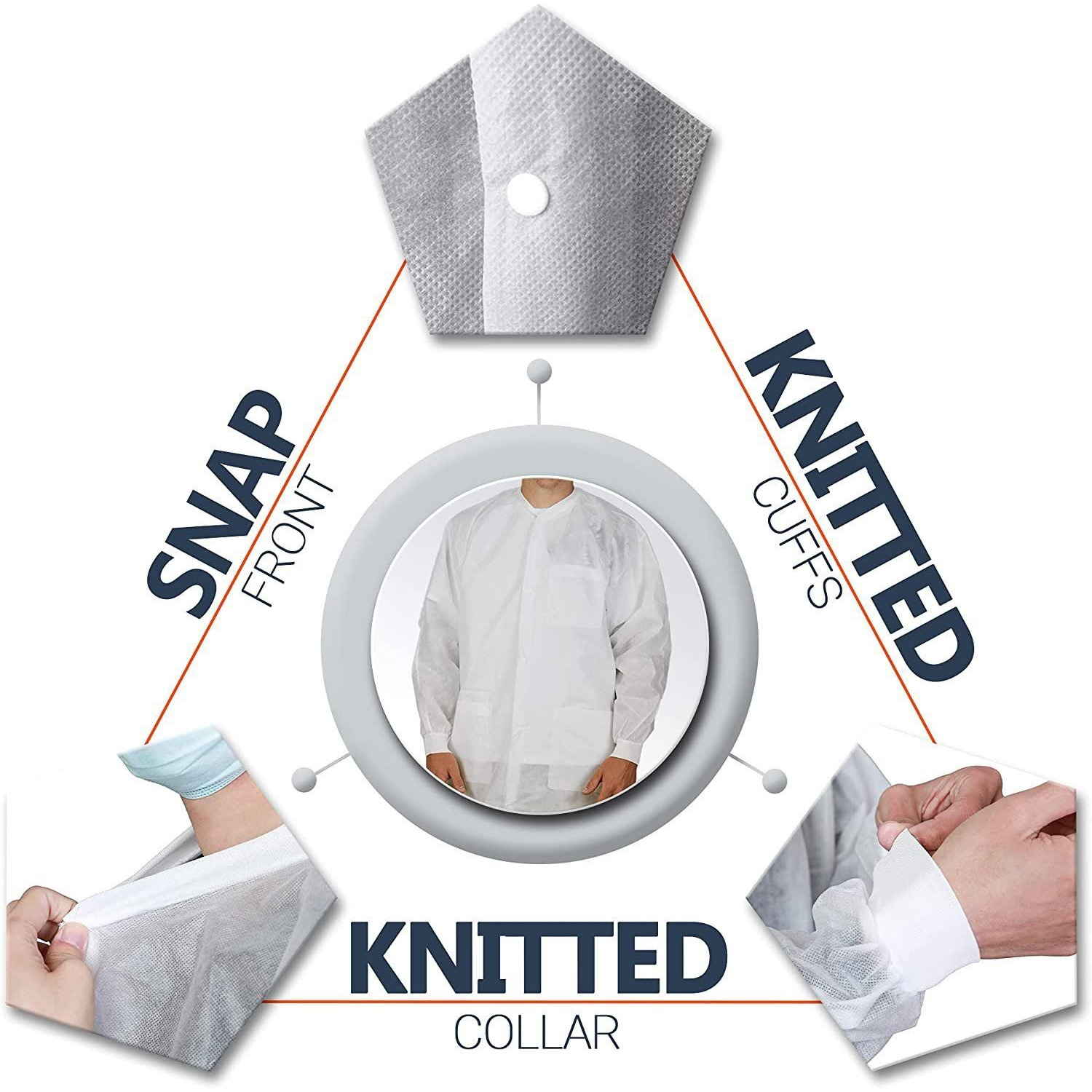 Disposable Lab coats Pack of 10 White SPP 45 gsm Work gowns Large Protective clothing with Snaps Front Knit cuffs & collar 3 Pockets Unisex Knee-Length Medical Uniform for Adults(D0102HI74RU)