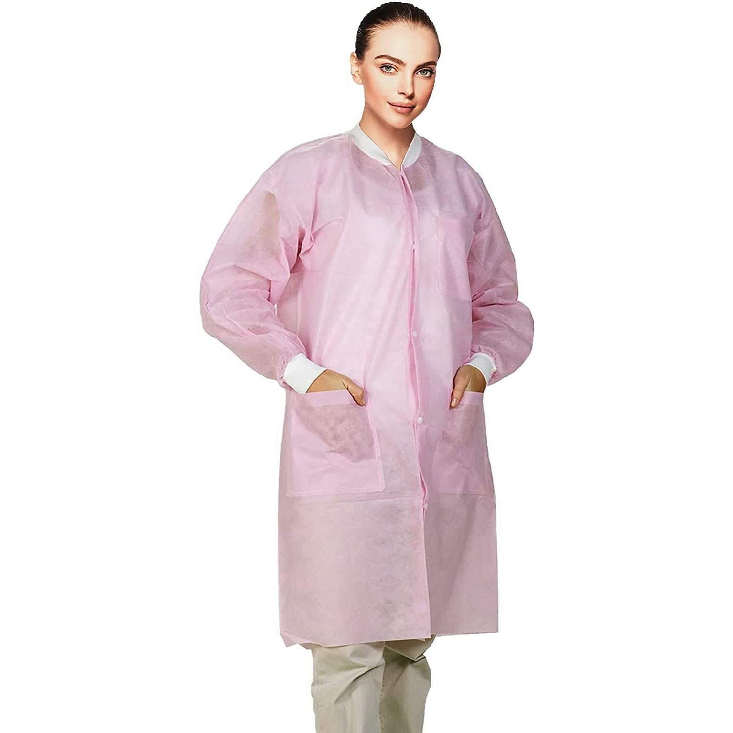 Disposable Lab coats Pack of 10 Light Pink SPP 45 gsm Work gowns Medium Protective clothing with Snaps Front Knit cuffs & collar 3 Pockets Unisex Knee-Length Medical Uniform for Adults(D0102HI7N3W)