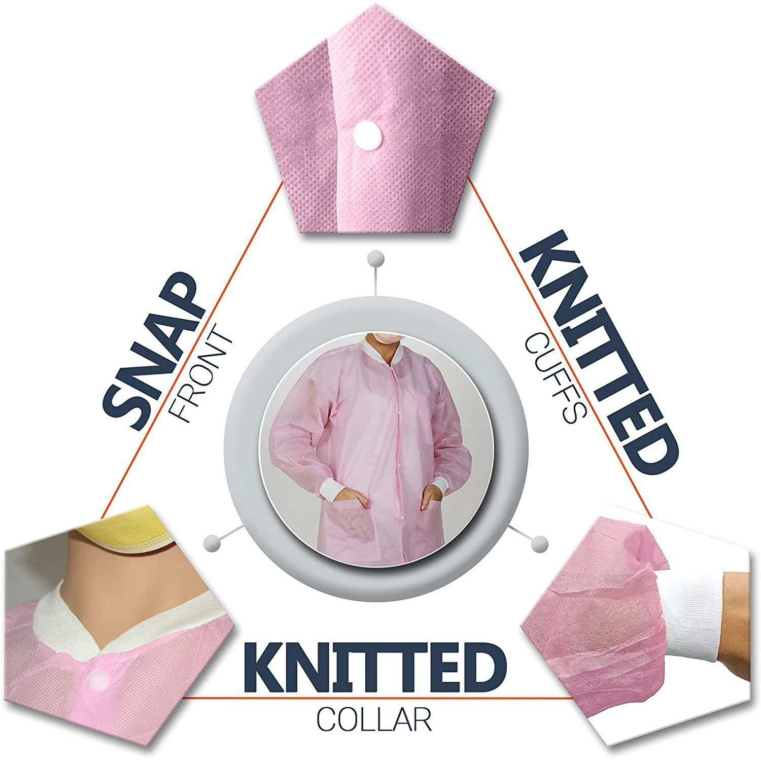 Disposable Lab coats Pack of 10 Light Pink SPP 45 gsm Work gowns Medium Protective clothing with Snaps Front Knit cuffs & collar 3 Pockets Unisex Knee-Length Medical Uniform for Adults(D0102HI7N3W)