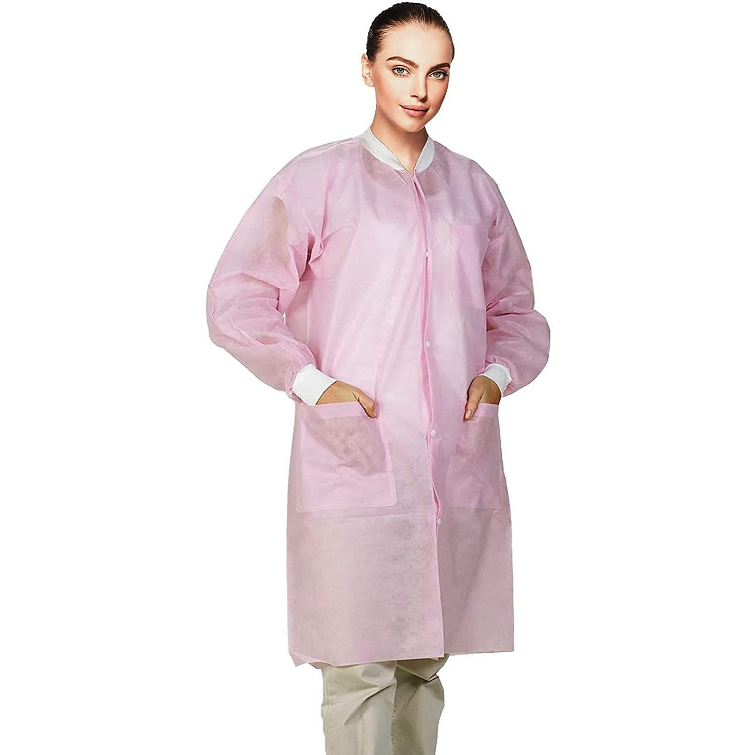 Disposable Lab coats Pack of 10 Light Pink Small SPP 45 gsm Work gowns Protective clothing with Snaps Front Knit cuffs & collar 3 Pockets Unisex Knee-Length Medical Uniform for Adults(D0102HI74P7)