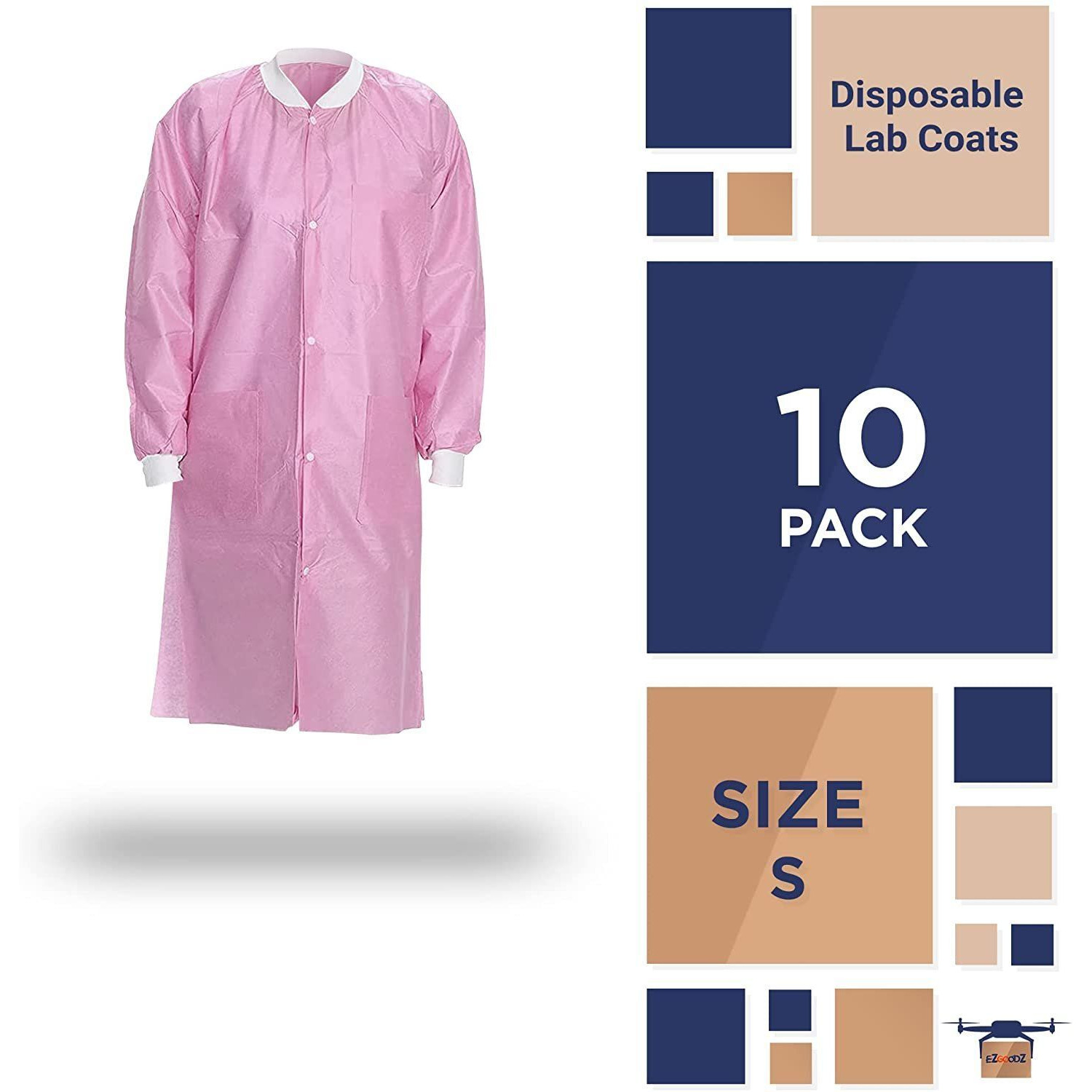 Disposable Lab coats Pack of 10 Light Pink Small SPP 45 gsm Work gowns Protective clothing with Snaps Front Knit cuffs & collar 3 Pockets Unisex Knee-Length Medical Uniform for Adults(D0102HI74P7)