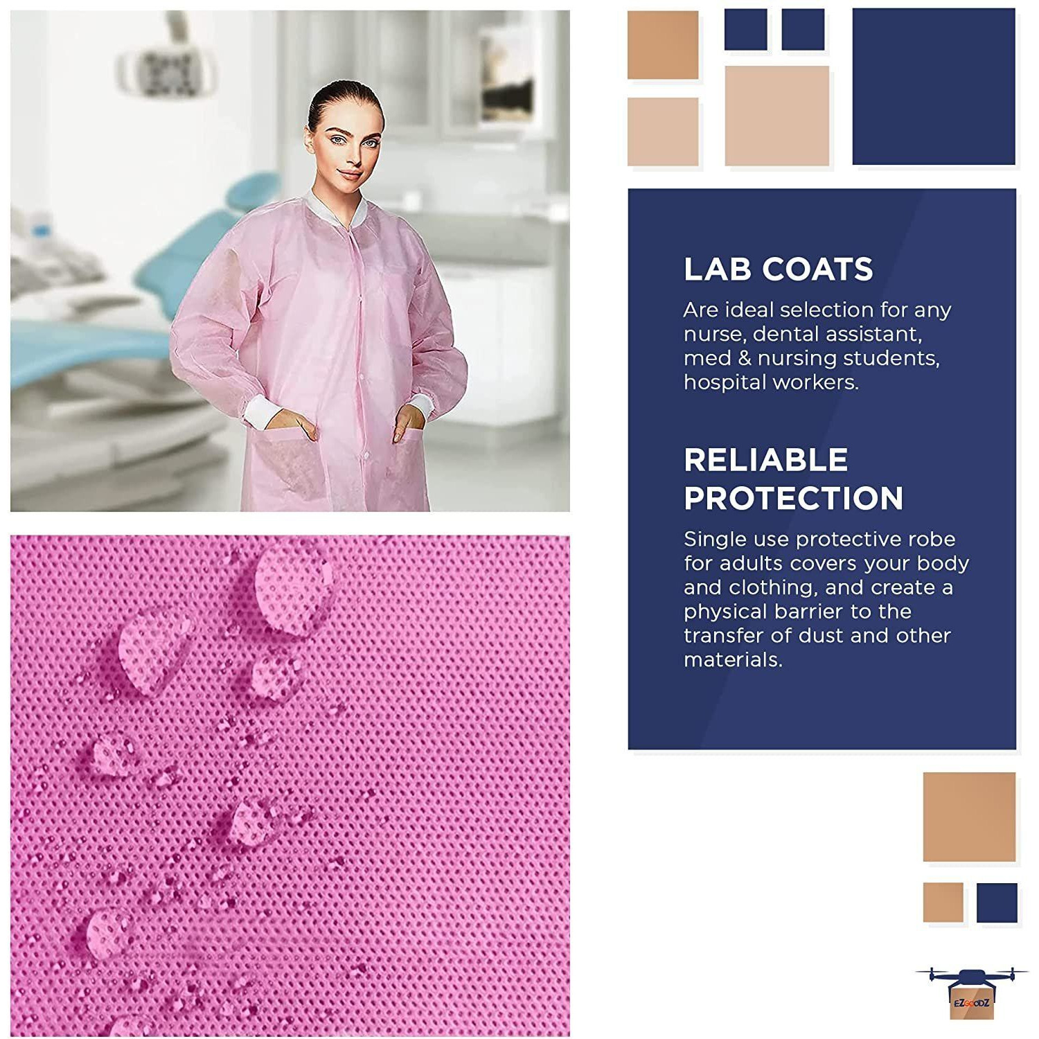 Disposable Lab coats Pack of 10 Light Pink Small SPP 45 gsm Work gowns Protective clothing with Snaps Front Knit cuffs & collar 3 Pockets Unisex Knee-Length Medical Uniform for Adults(D0102HI74P7)