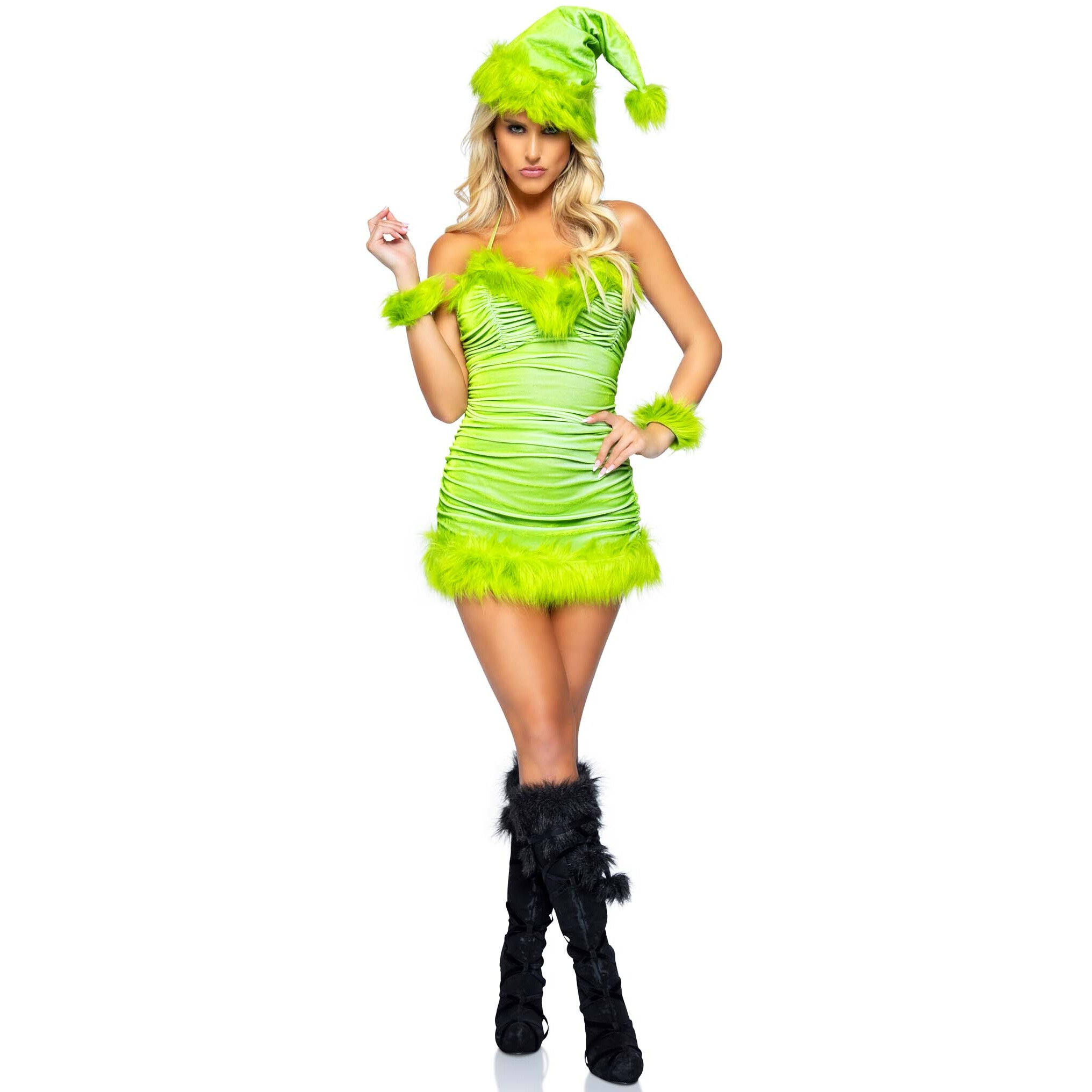 3 PC Christmas Baddie, includes ruched velvet dress with tie back halter straps and fur trim, wrist cuffs, and hat.