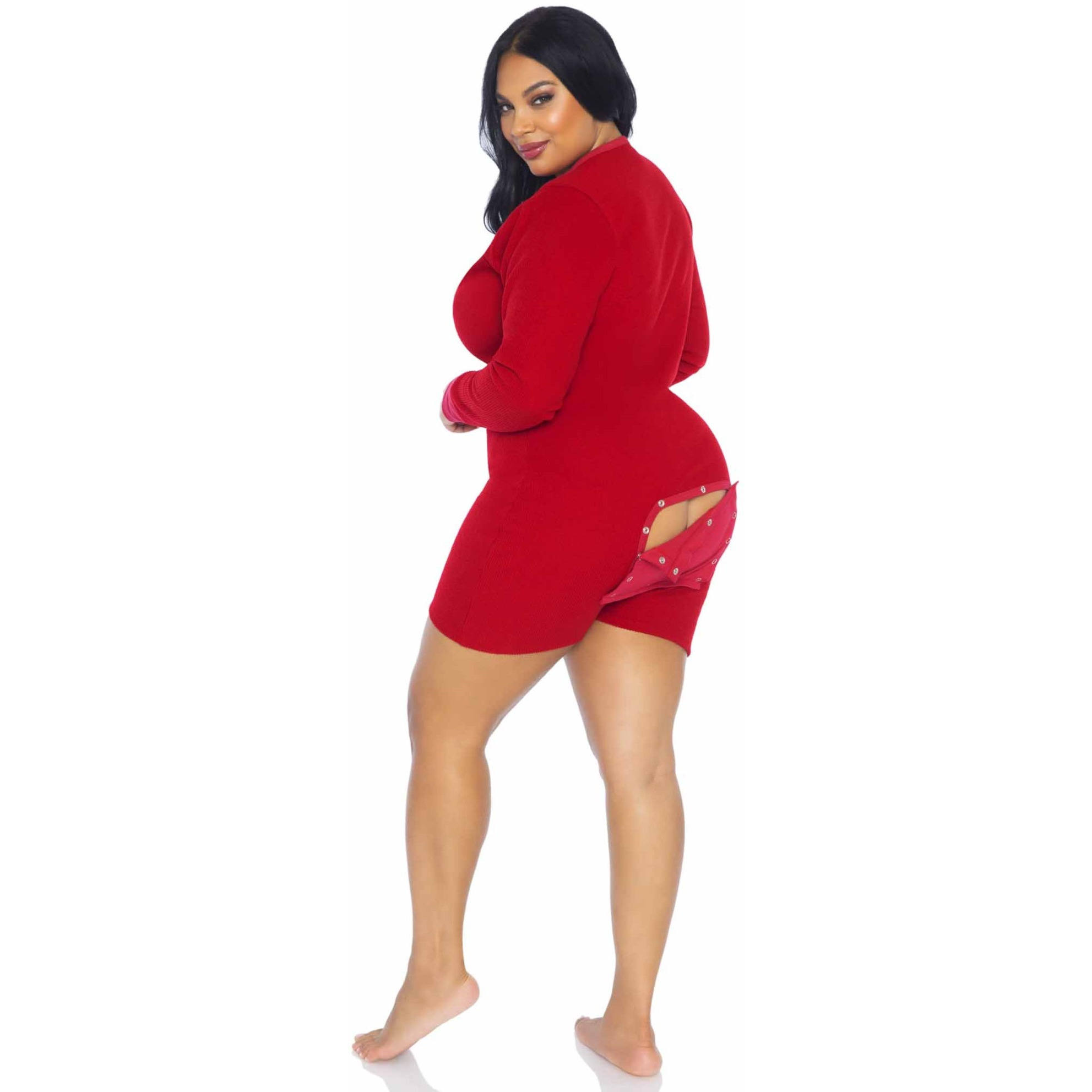 Brushed rib romper long johns with cheeky snap closure back flap.
