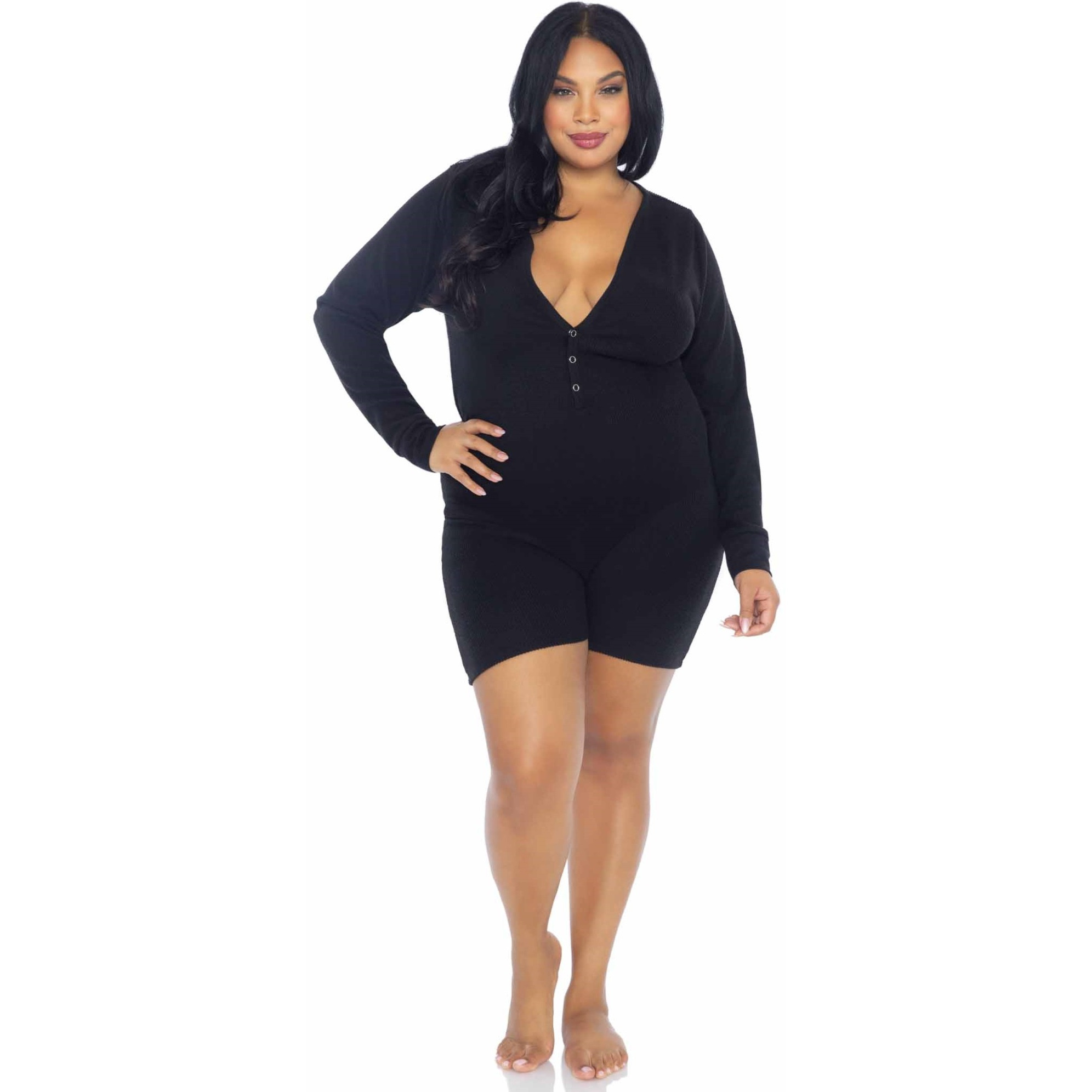 Brushed rib romper long johns with cheeky snap closure back flap.