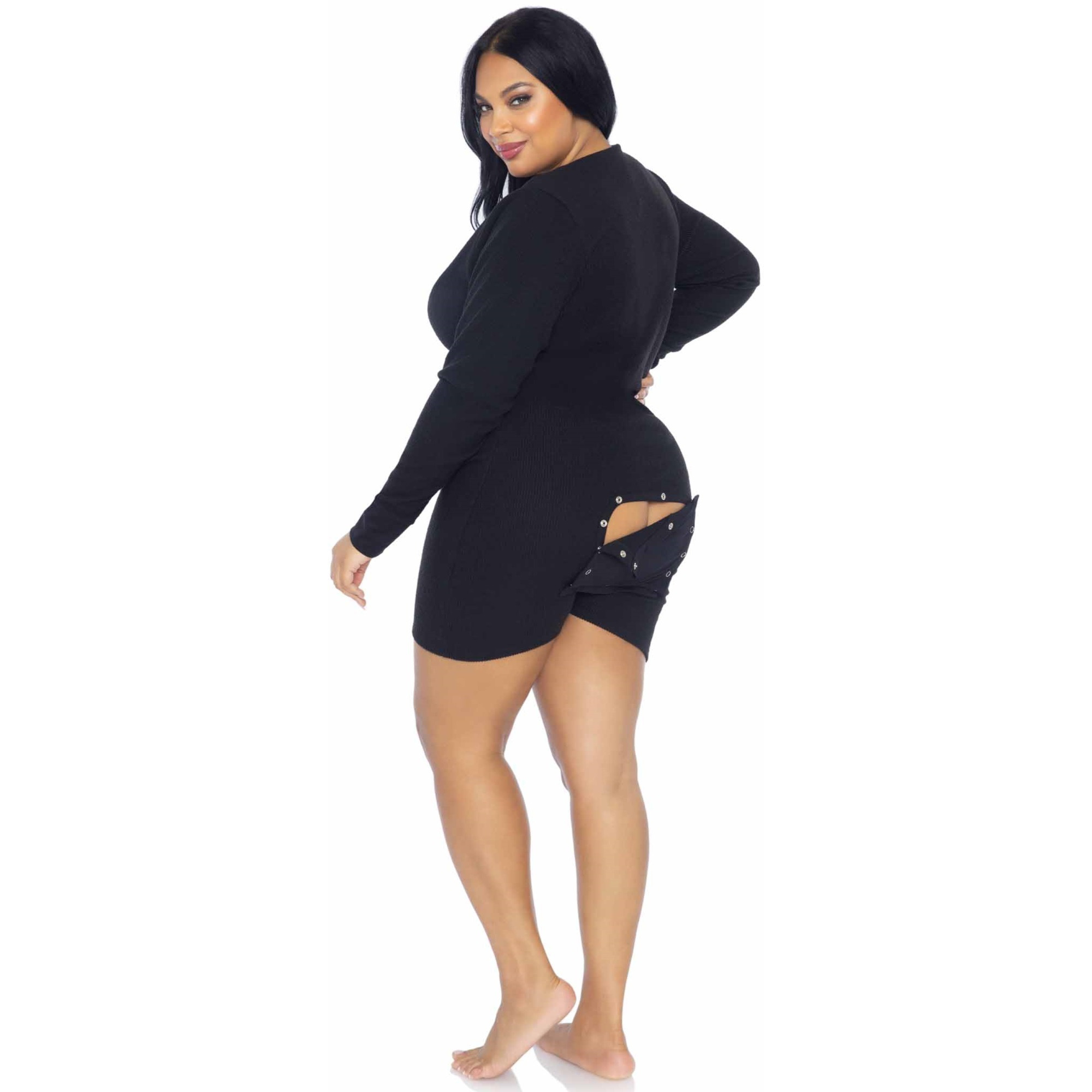 Brushed rib romper long johns with cheeky snap closure back flap.