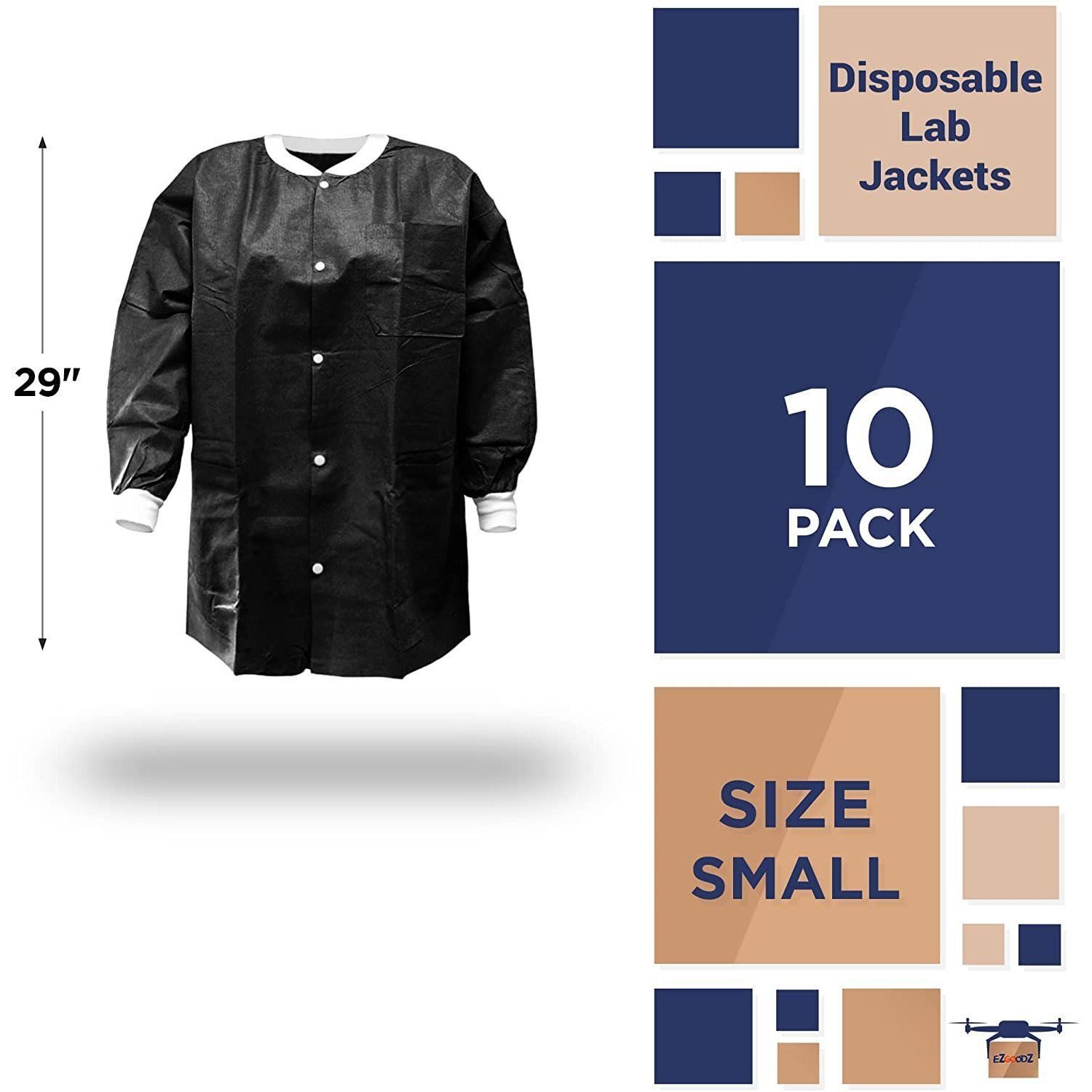 Disposable Lab Jackets 29 Long Pack of 10 Black Hip-Length Work gowns Small SMS 50 gsm Shirts with Snaps Front Knit cuffs & collar 3 Pockets Unisex PPE Body Protective Short coats(D0102HI5A6V)