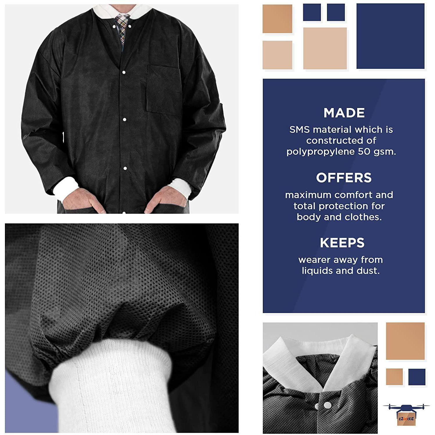 Disposable Lab Jackets 29 Long Pack of 10 Black Hip-Length Work gowns Small SMS 50 gsm Shirts with Snaps Front Knit cuffs & collar 3 Pockets Unisex PPE Body Protective Short coats(D0102HI5A6V)