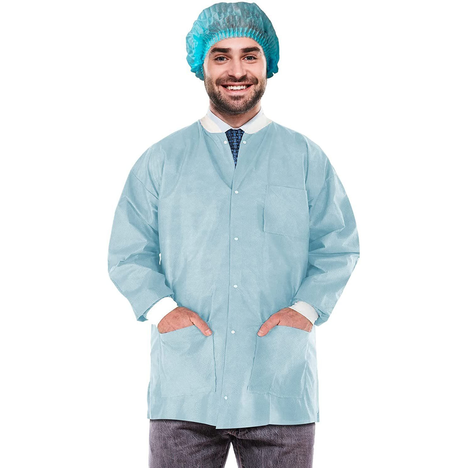 Disposable Lab Jackets 29 Long Pack of 10 Sky Blue Hip-Length Work gowns Small SMS 50 gsm Shirts with Snaps Front Knit cuffs & collar 3 Pockets Unisex PPE Body Protective Short coats(D0102HI5ADW)