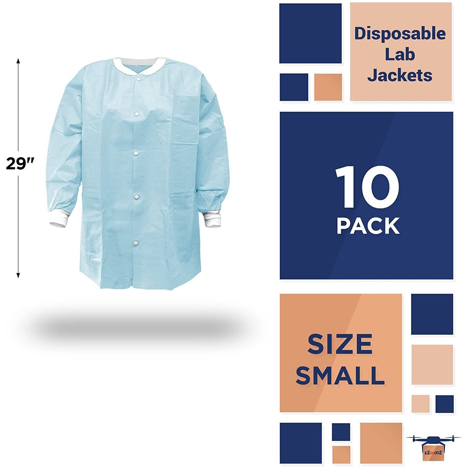Disposable Lab Jackets 29 Long Pack of 10 Sky Blue Hip-Length Work gowns Small SMS 50 gsm Shirts with Snaps Front Knit cuffs & collar 3 Pockets Unisex PPE Body Protective Short coats(D0102HI5ADW)