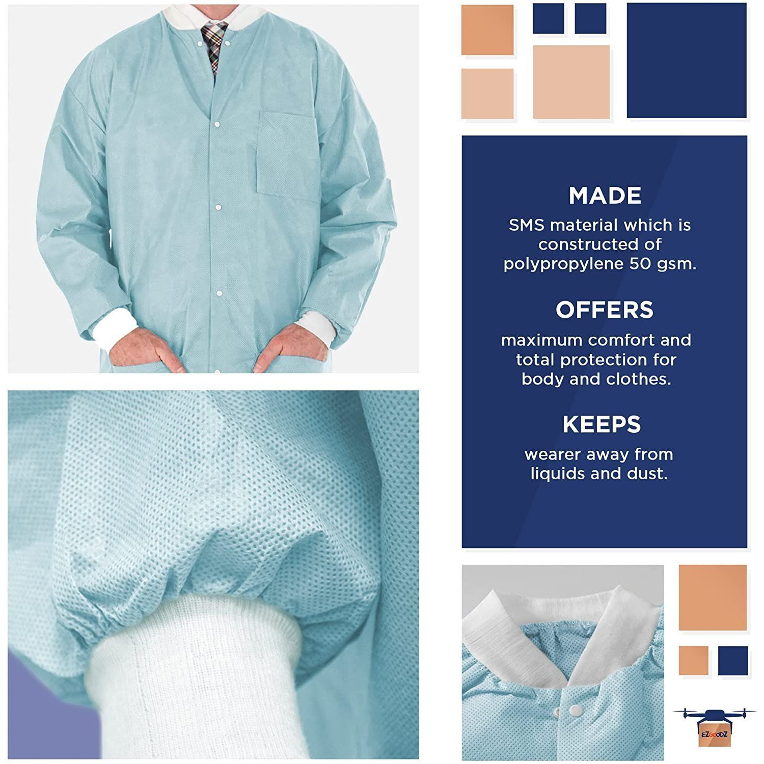 Disposable Lab Jackets 29 Long Pack of 10 Sky Blue Hip-Length Work gowns Small SMS 50 gsm Shirts with Snaps Front Knit cuffs & collar 3 Pockets Unisex PPE Body Protective Short coats(D0102HI5ADW)