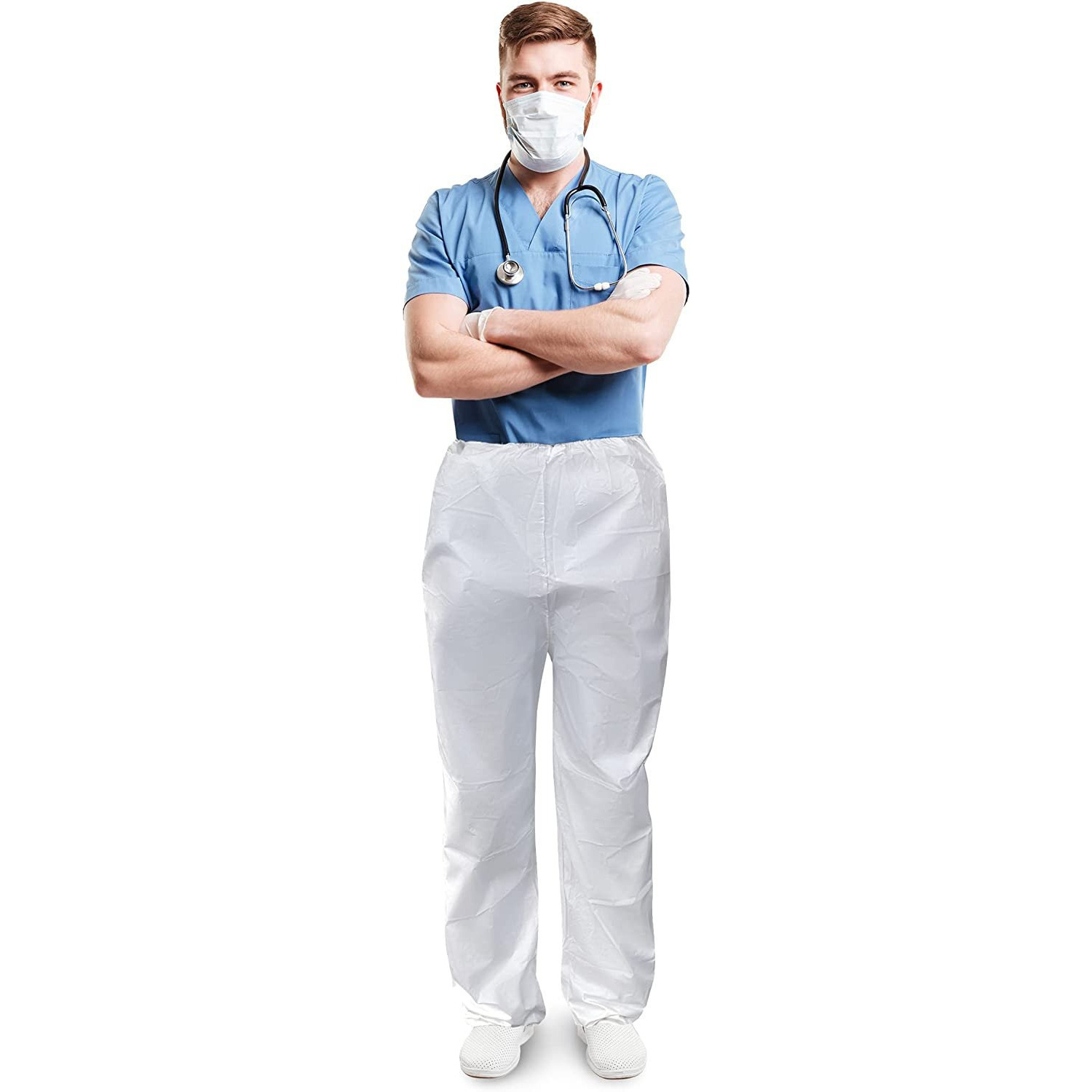 EZgOODZ Waterproof Disposable Pants Pack of 10 Poly White Trousers Small Protective Microporous Workwear with Elastic Waist Open Ankles Leg PPE clothing 10 Pairs of Pants for Industrial Use(D0102HI5IZU)