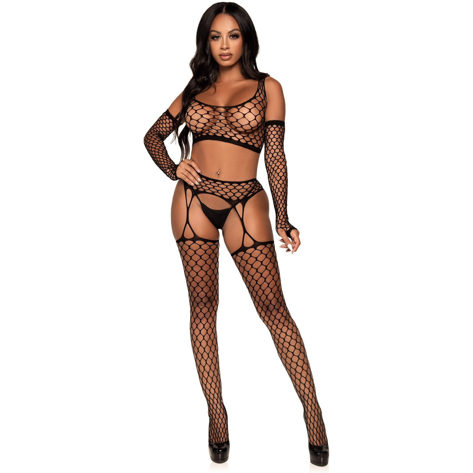 3 PC Net crop top, garter stockings, and matching gloves.