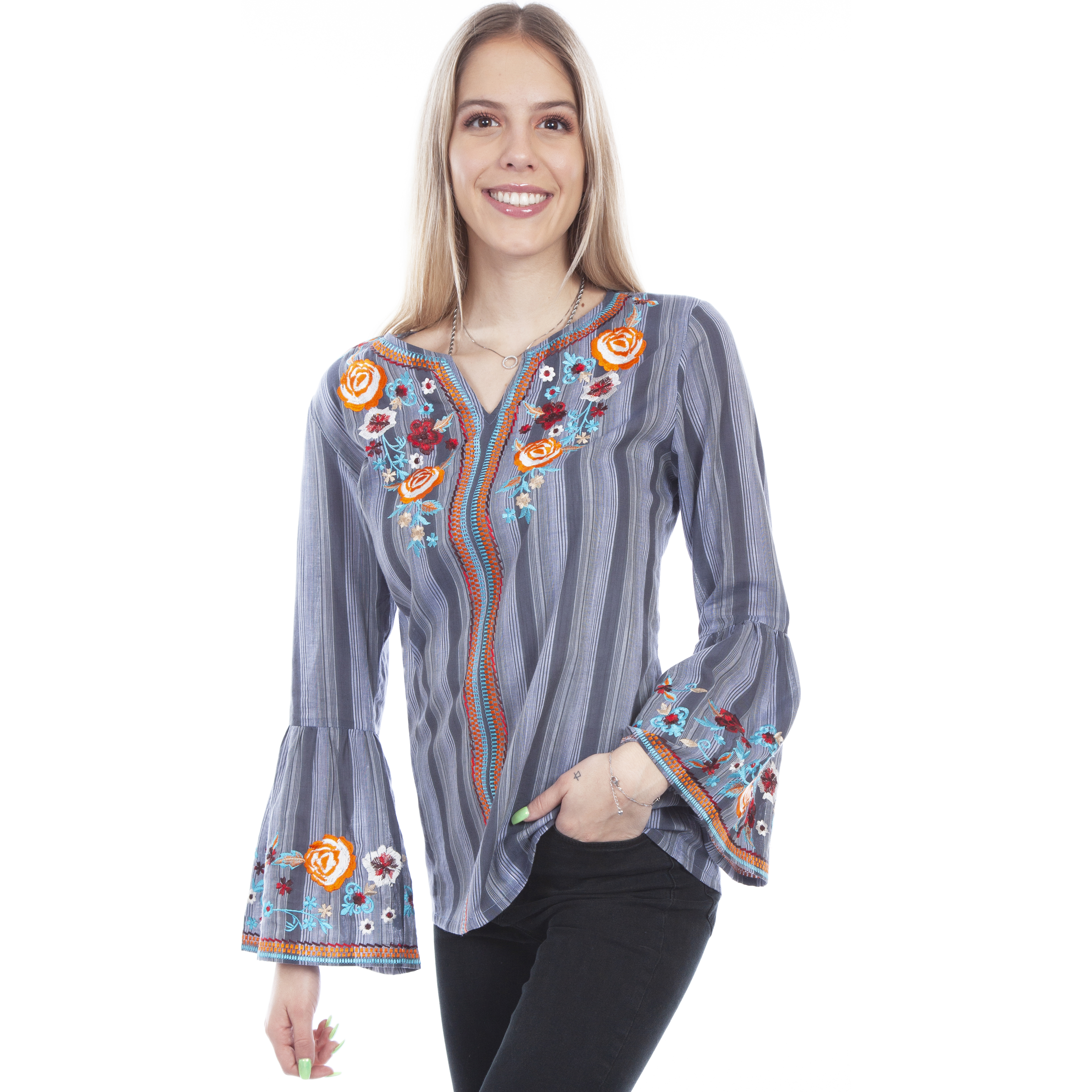 Y/D STRIPE BLOUSE W/EMBROIDERY