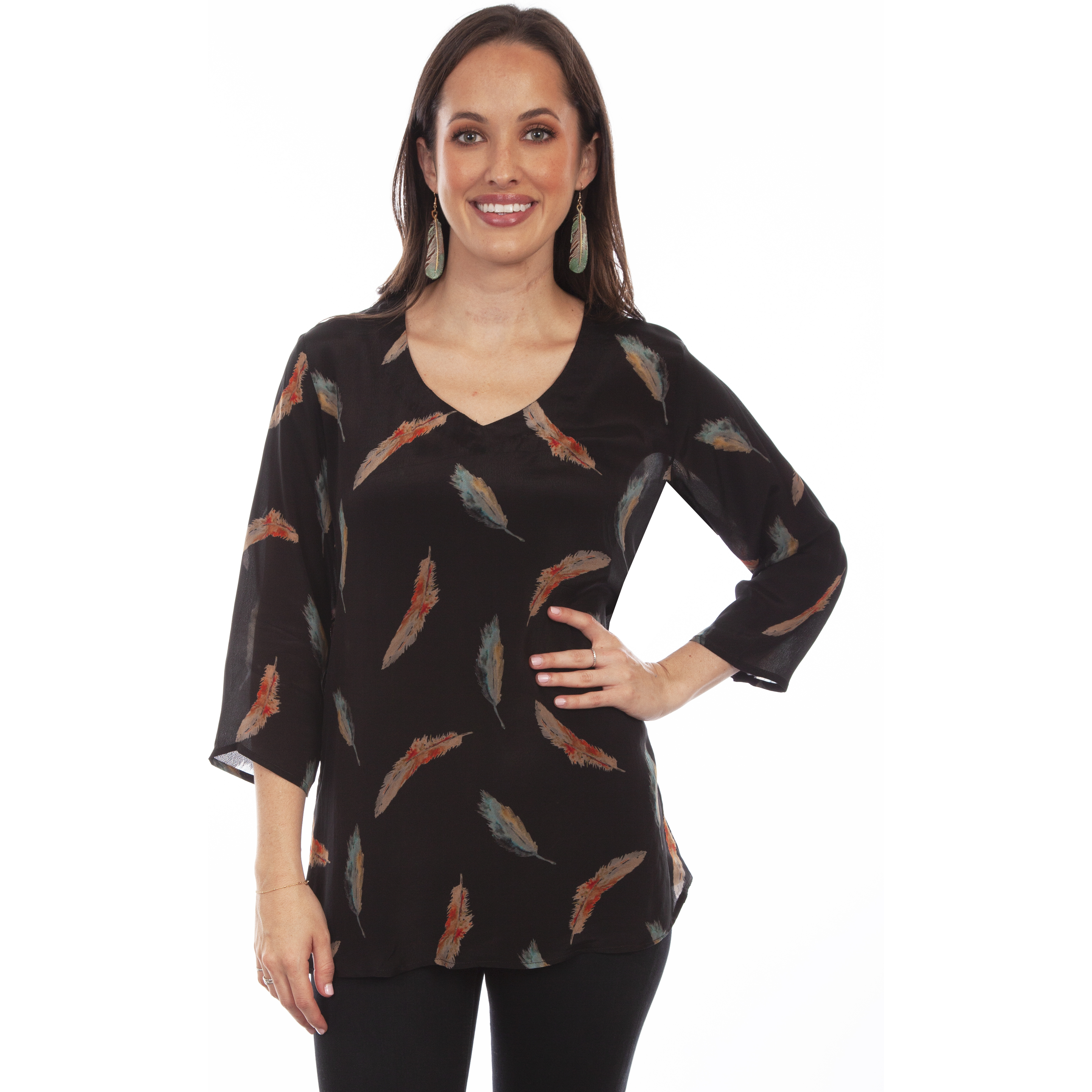 FEATHER PRINT PULL OVER BLOUSE