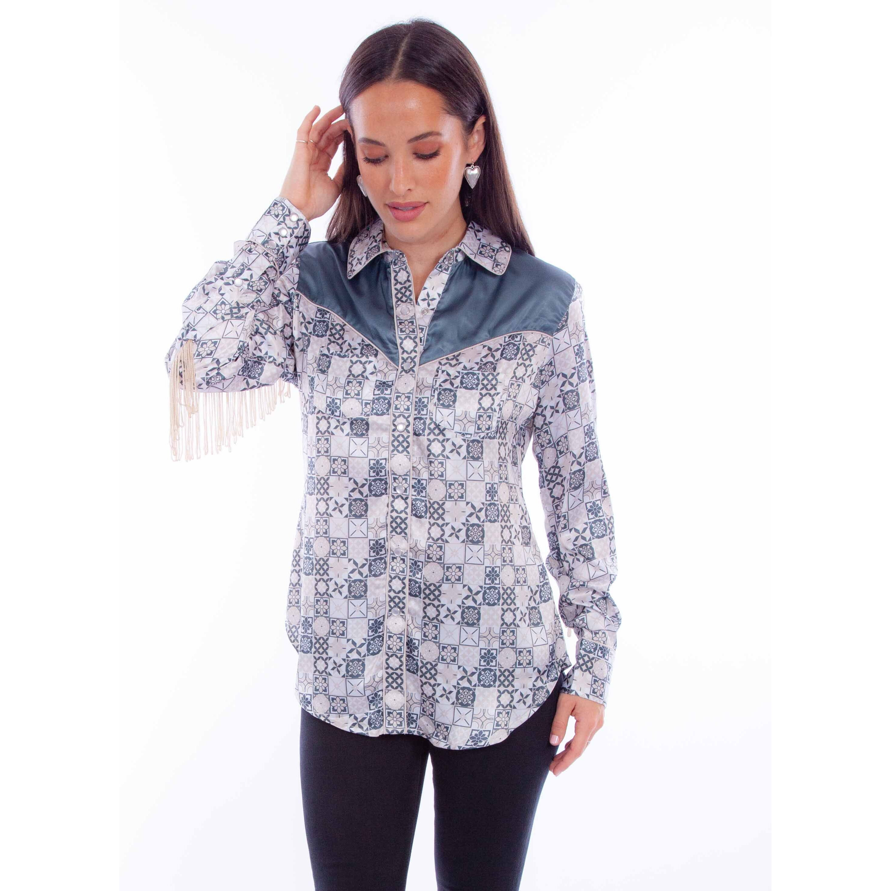 PRINT BLOUSE W/BACK FRINGE