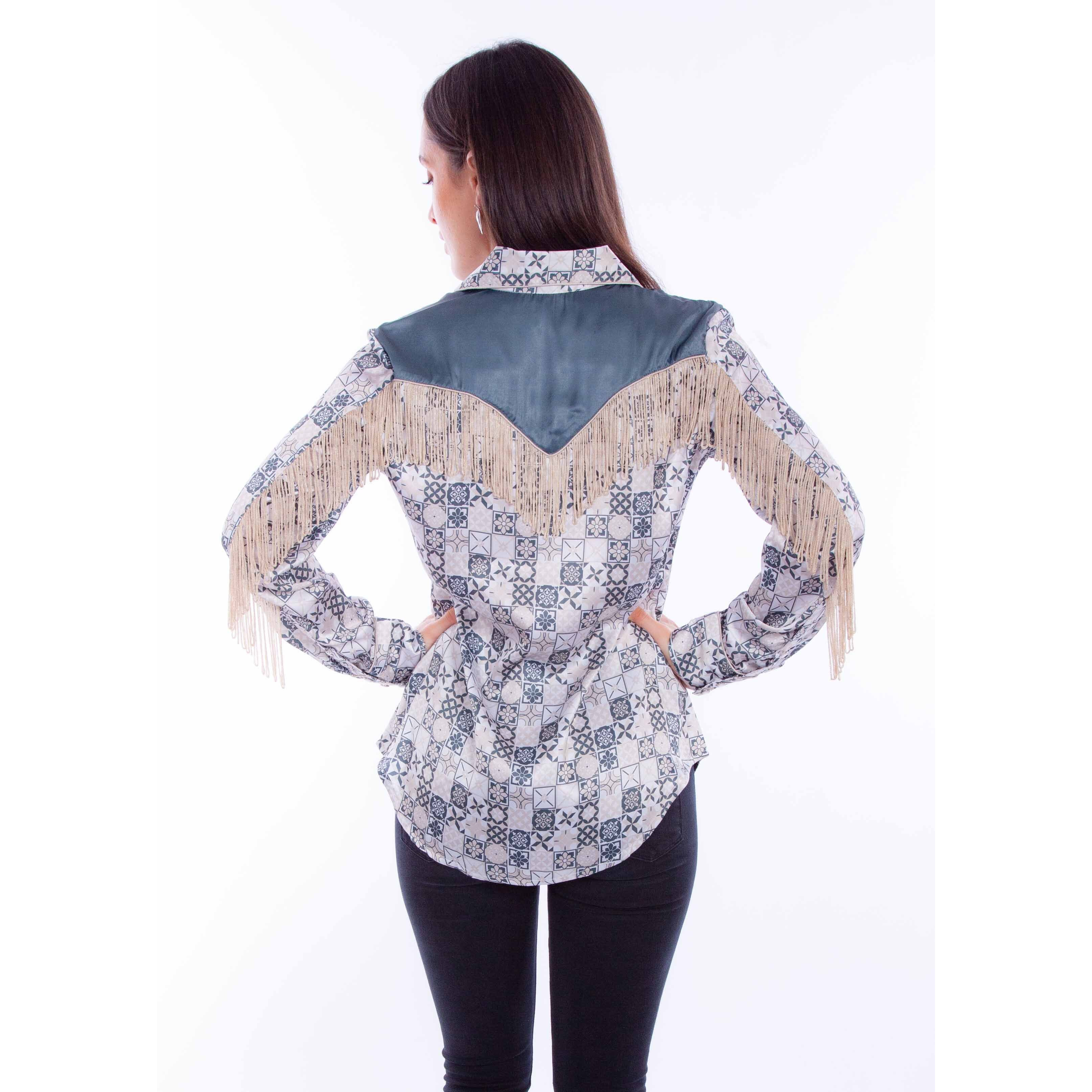 PRINT BLOUSE W/BACK FRINGE