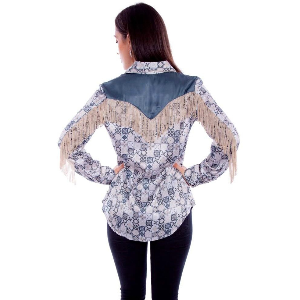 PRINT BLOUSE W/BACK FRINGE