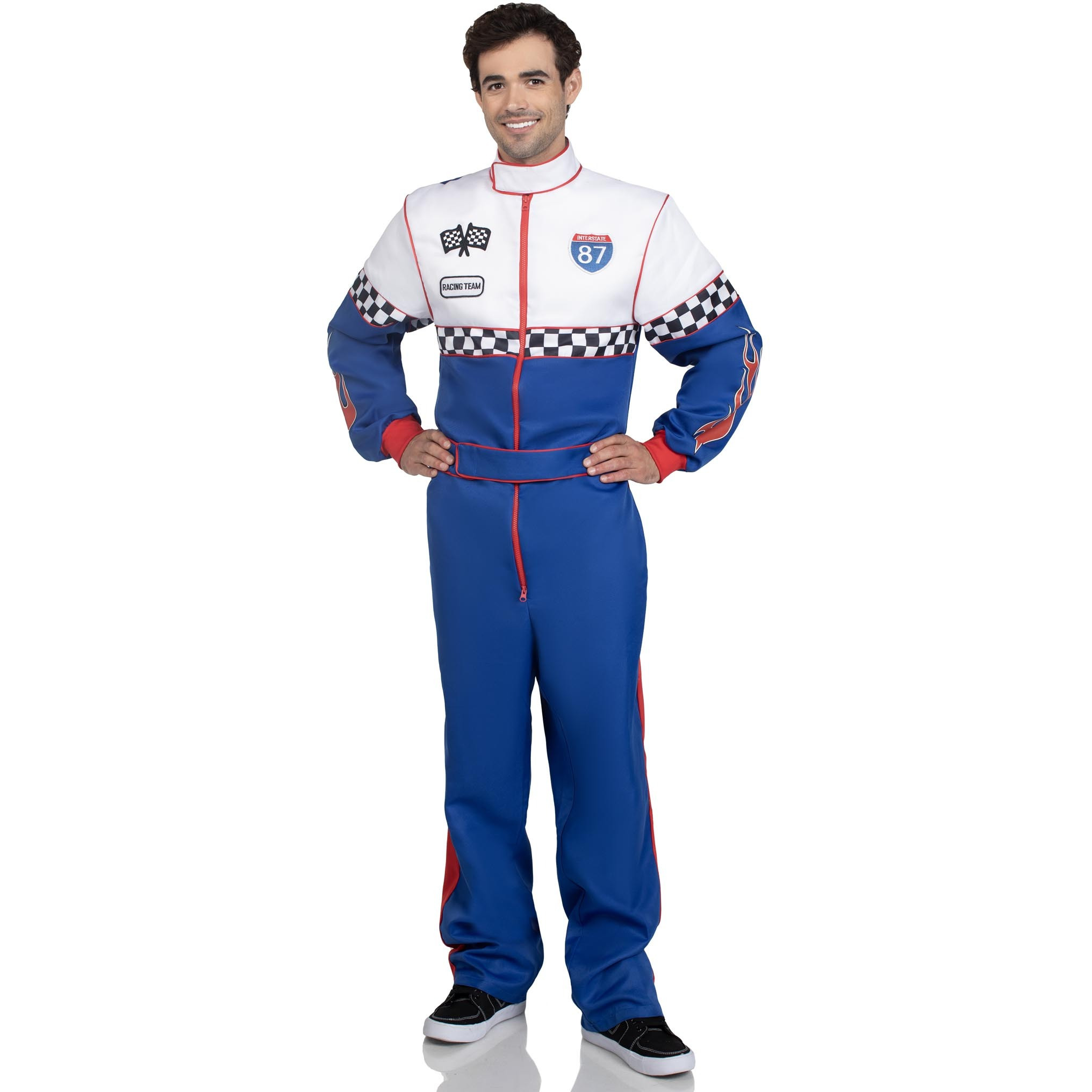 Speedway Racer, features jumpsuit with pockets, two-way zipper, and patch accents.