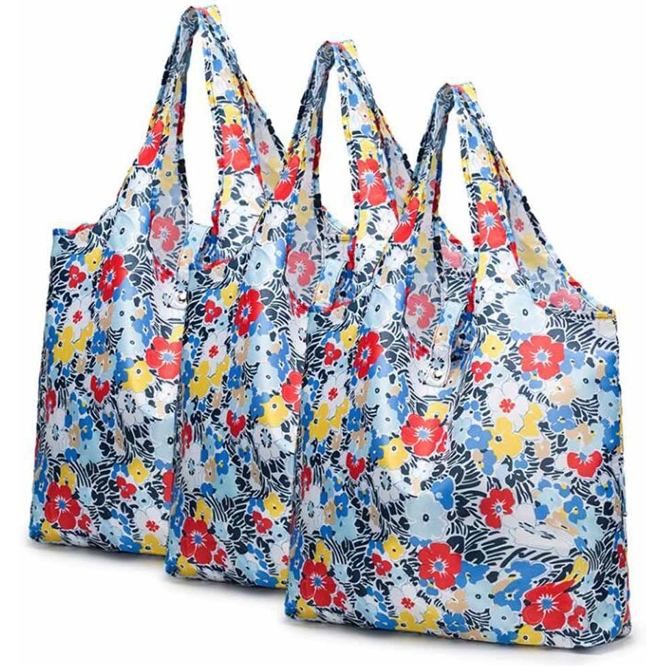 Flower - 3 Pieces Reusable Grocery Bags Foldable Boutique Shopping Bags Portable Merchandise Tote Bags Gift Bags