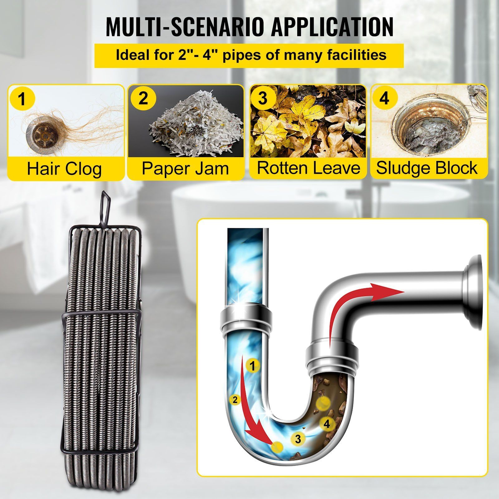 VEVOR Drain Cleaning Cable 50 Feet x 1/2 Inch Solid Core Cable Sewer Cable Drain Auger Cable Cleaner Snake Clog Pipe Drain Cleaning Cable Sewer Drain Auger Snake Pipe