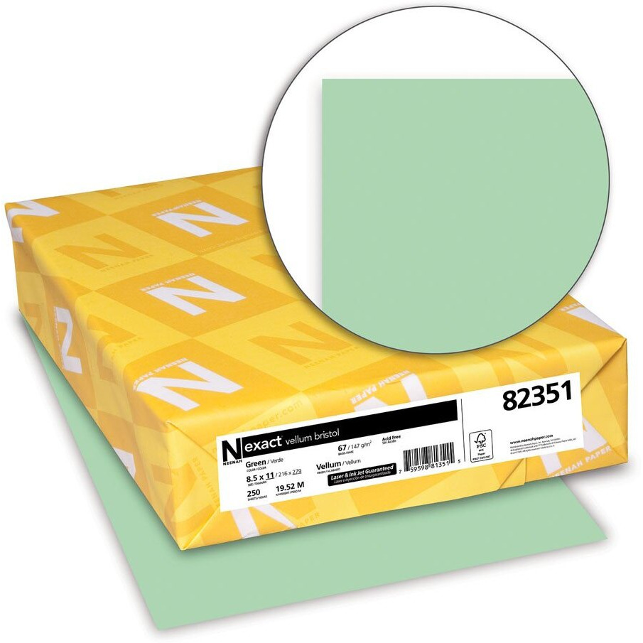 Exact Inkjet, Laser Vellum Paper - Green - 92 Brightness - Letter - 8 1/2 x 11 - 67 lb Basis Weight - 250 / Pack - FSC - Heavyweight, Quick Drying, Durable, Acid-free