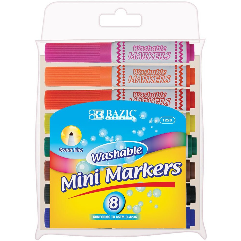 BAZIC 8 Color Broad Line Mini Washable Markers