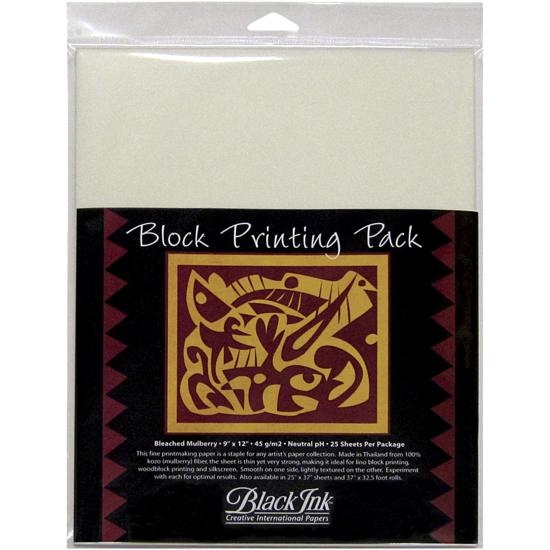 Black Ink Block Printing Paper Pack, 9 x 12 Inches, Bleached Mulberry, 25 Sheets