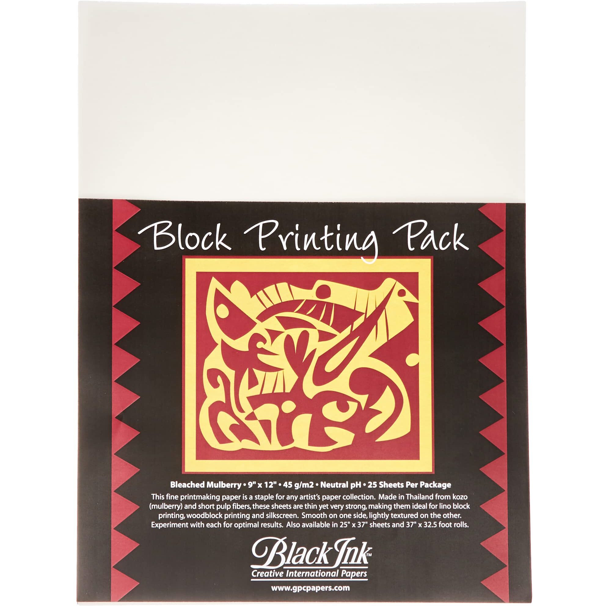 Black Ink Block Printing Paper Pack, 9 x 12 Inches, Bleached Mulberry, 25 Sheets