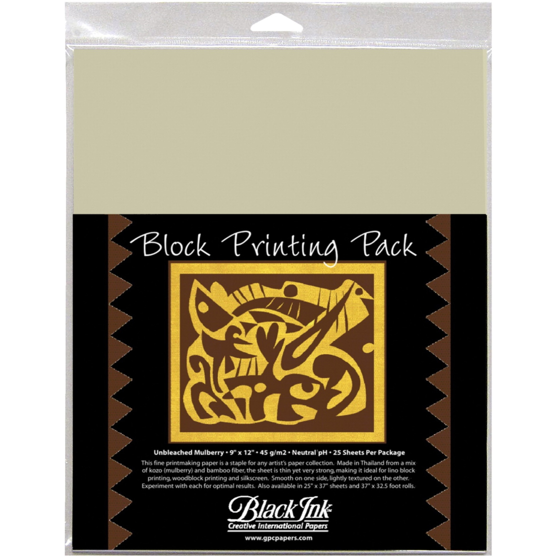 Black Ink Block Printing Paper Pack, 9 x 12 Inches, Unbleached Mulberry, 25 Sheets