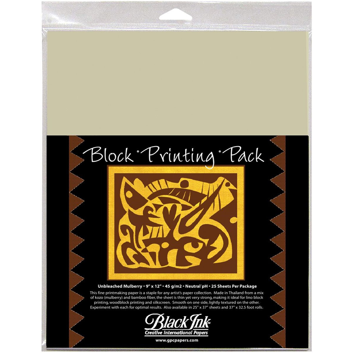 Black Ink Block Printing Paper Pack, 9 x 12 Inches, Unbleached Mulberry, 25 Sheets
