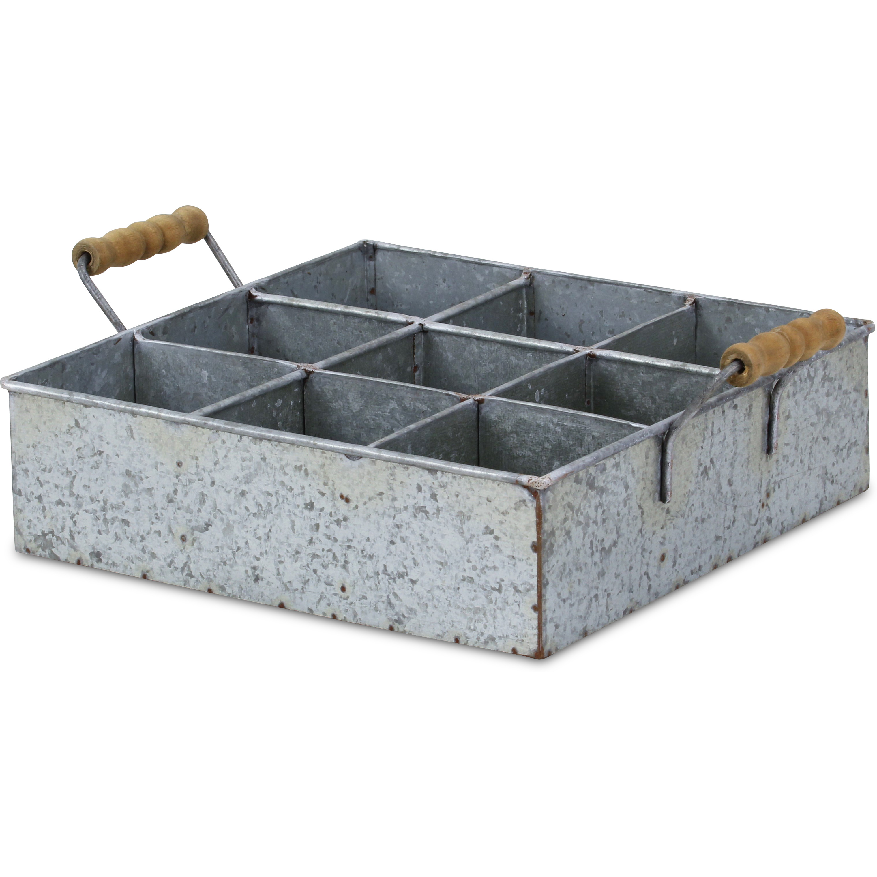 Maxin 6 Compartment Galvanized Metal Caddy with Wood Grip Handles