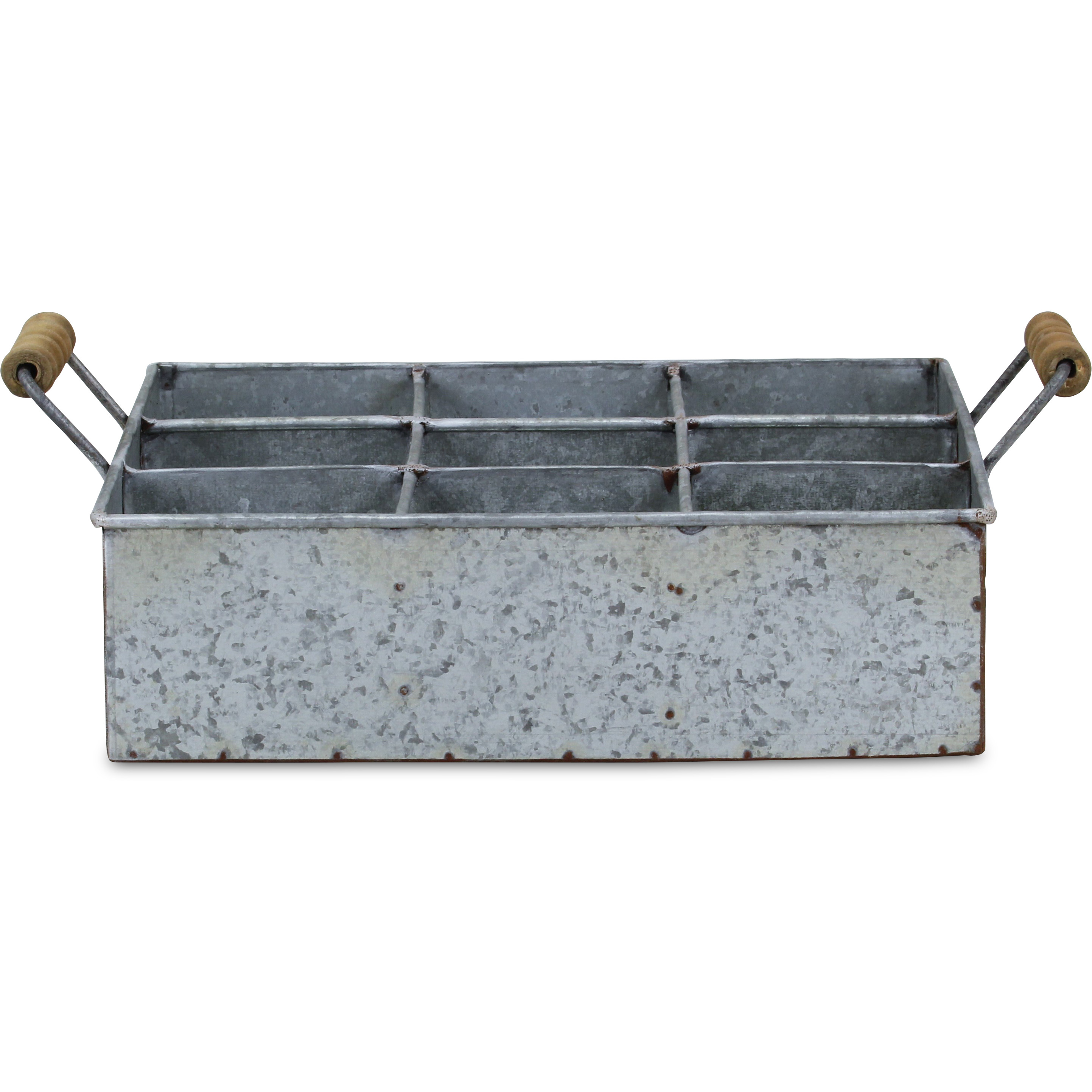 Maxin 6 Compartment Galvanized Metal Caddy with Wood Grip Handles