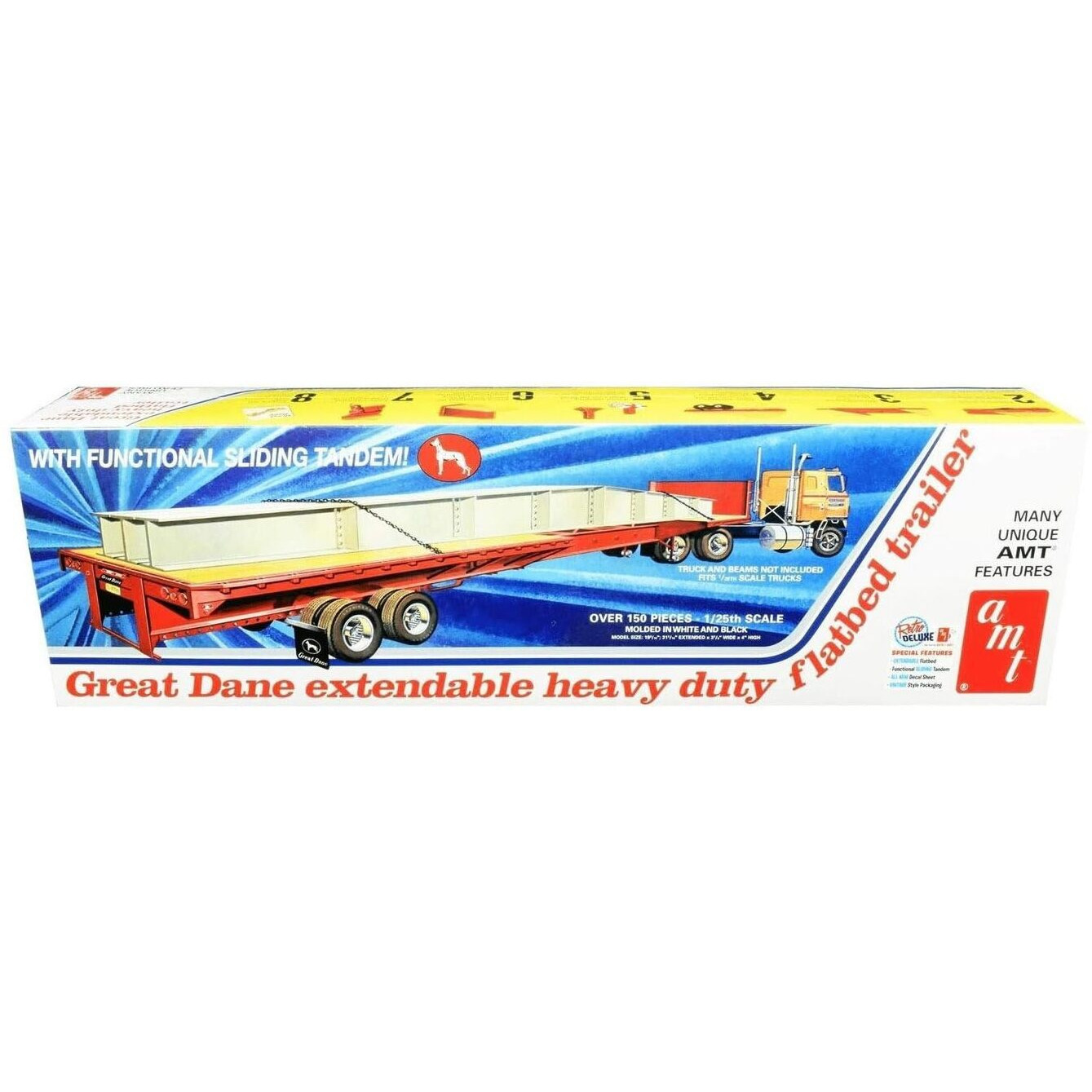 Skill 3 Model Kit Great Dane Extendable Heavy Duty Flat Bed Trailer with Functional Sliding Tandem 1/25 Scale Model by AMT