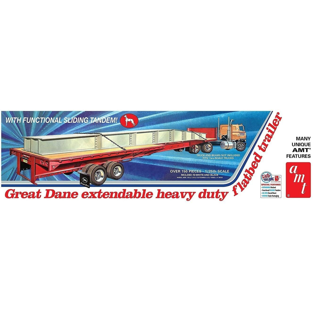 Skill 3 Model Kit Great Dane Extendable Heavy Duty Flat Bed Trailer with Functional Sliding Tandem 1/25 Scale Model by AMT