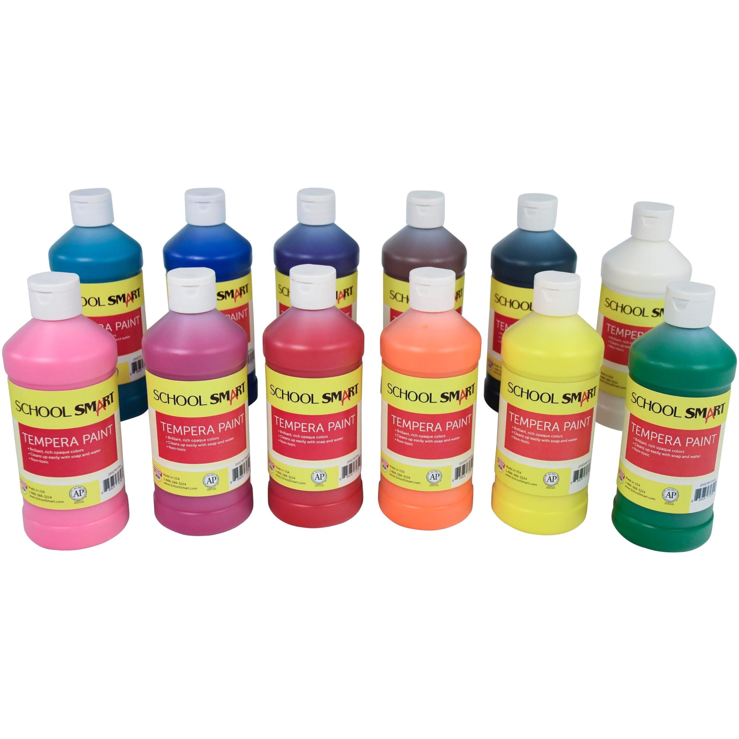 School Smart Tempera Paint Set, Assorted Colors, Pint Set of 12