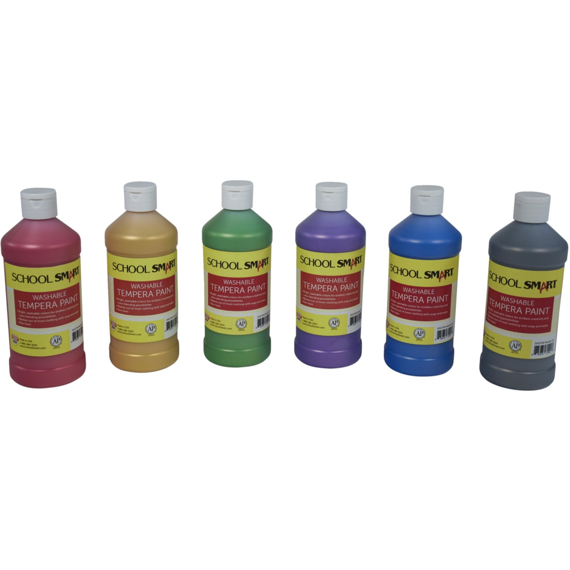 School Smart Washable Tempera Paint Set, Assorted Metallic Colors, Pint Set of 6