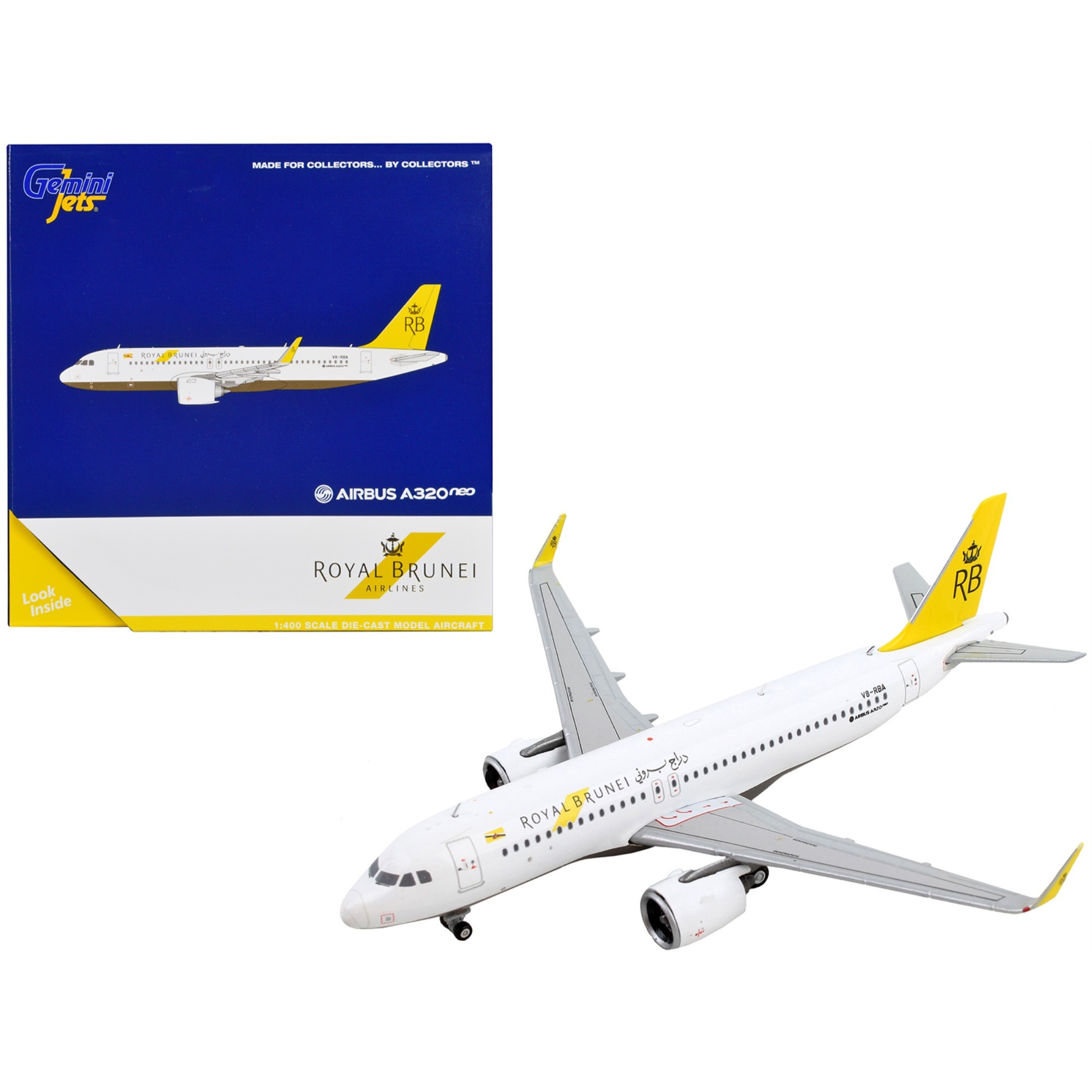 Airbus A320neo Commercial Aircraft &quotRoyal Brunei Airlines" White with Yellow Tail 1/400 Diecast Model Airplane by GeminiJets