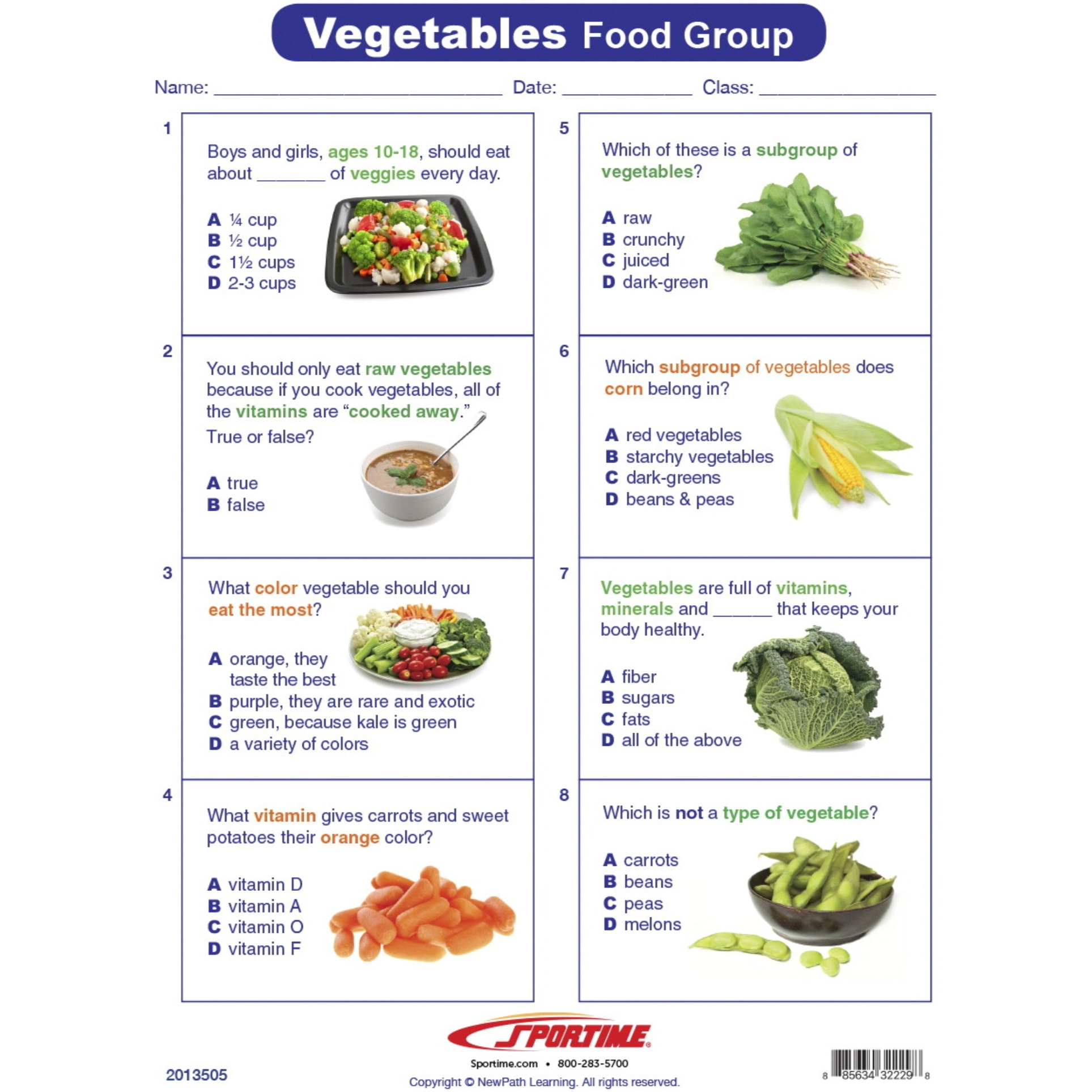 Sportime Vegetables Food Group Visual Learning Guide, 4 Pages, Grades 5 to 9