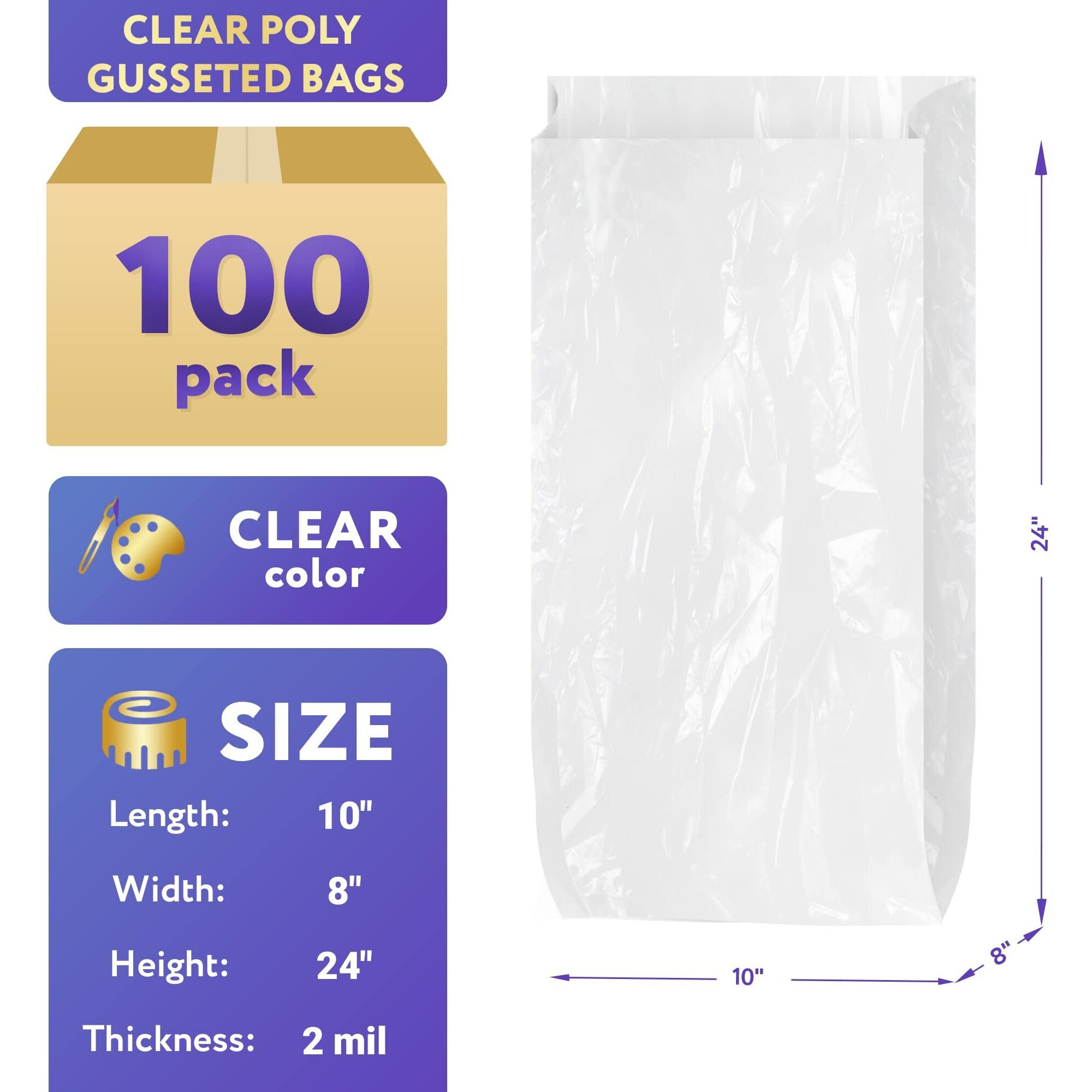 Pack of 100 clear gusseted Poly Bags 10 x 8 x 24 clear Polyethylene Bags 10x8x24 Expandable 1 Mil Ultra Thin Bags for Industrial Food Service Health Needs Wholesale Price(D0102H9FEF7)