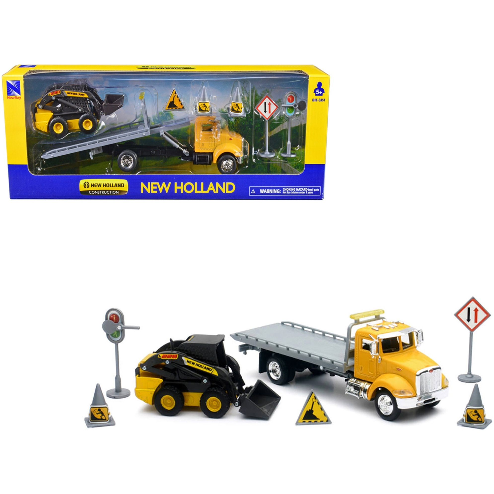 Peterbilt Roll-Off Flatbed Truck Yellow and New Holland L228 Skid Steer Yellow with Road Signs &quotNew Holland Construction" Series 1/43 Diecast Model by New Ray