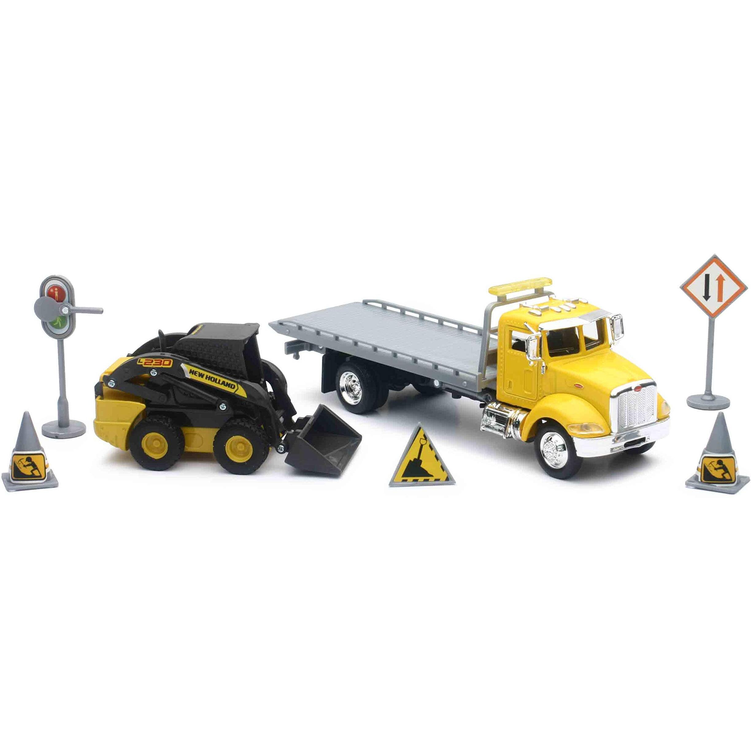 Peterbilt Roll-Off Flatbed Truck Yellow and New Holland L228 Skid Steer Yellow with Road Signs &quotNew Holland Construction" Series 1/43 Diecast Model by New Ray