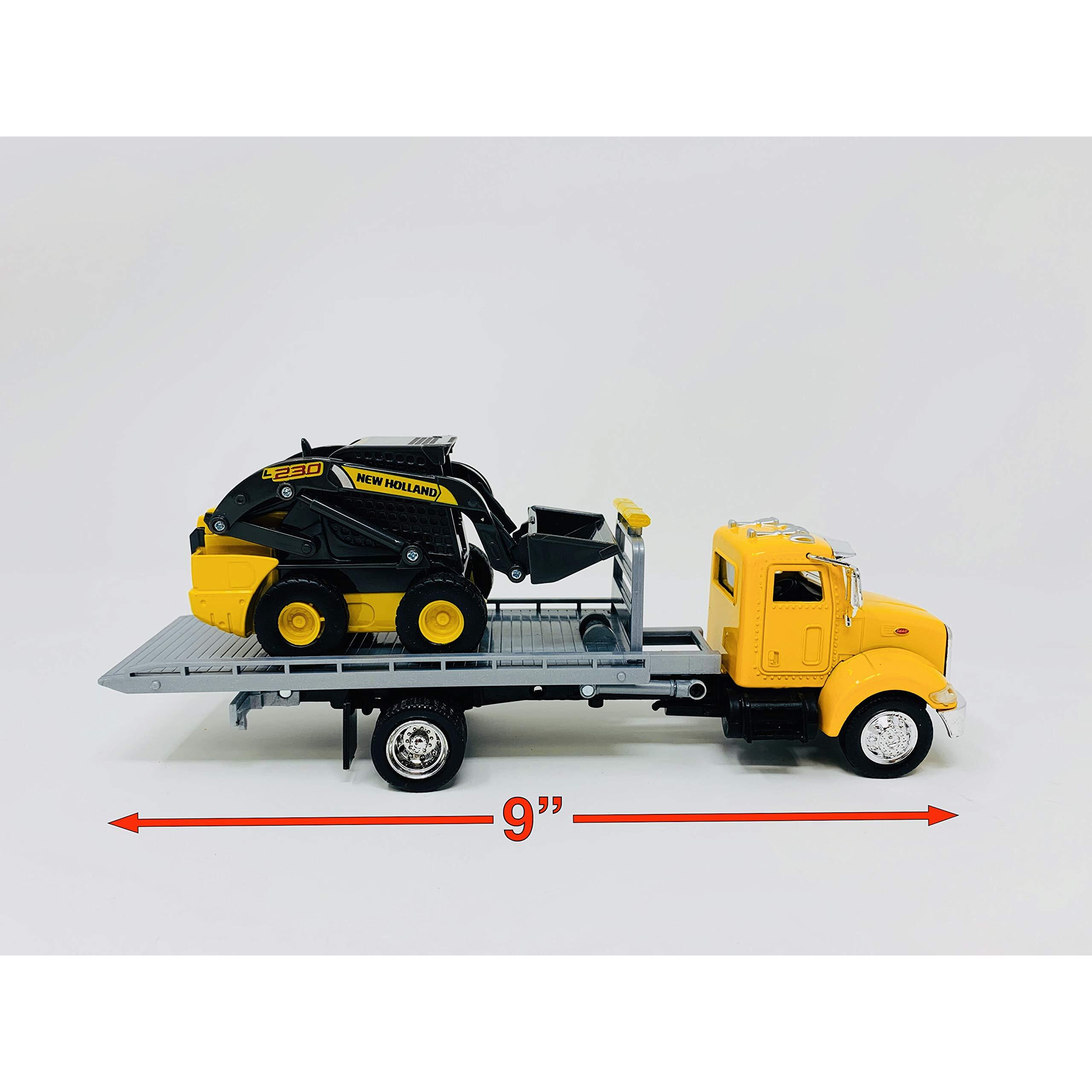 Peterbilt Roll-Off Flatbed Truck Yellow and New Holland L228 Skid Steer Yellow with Road Signs &quotNew Holland Construction" Series 1/43 Diecast Model by New Ray