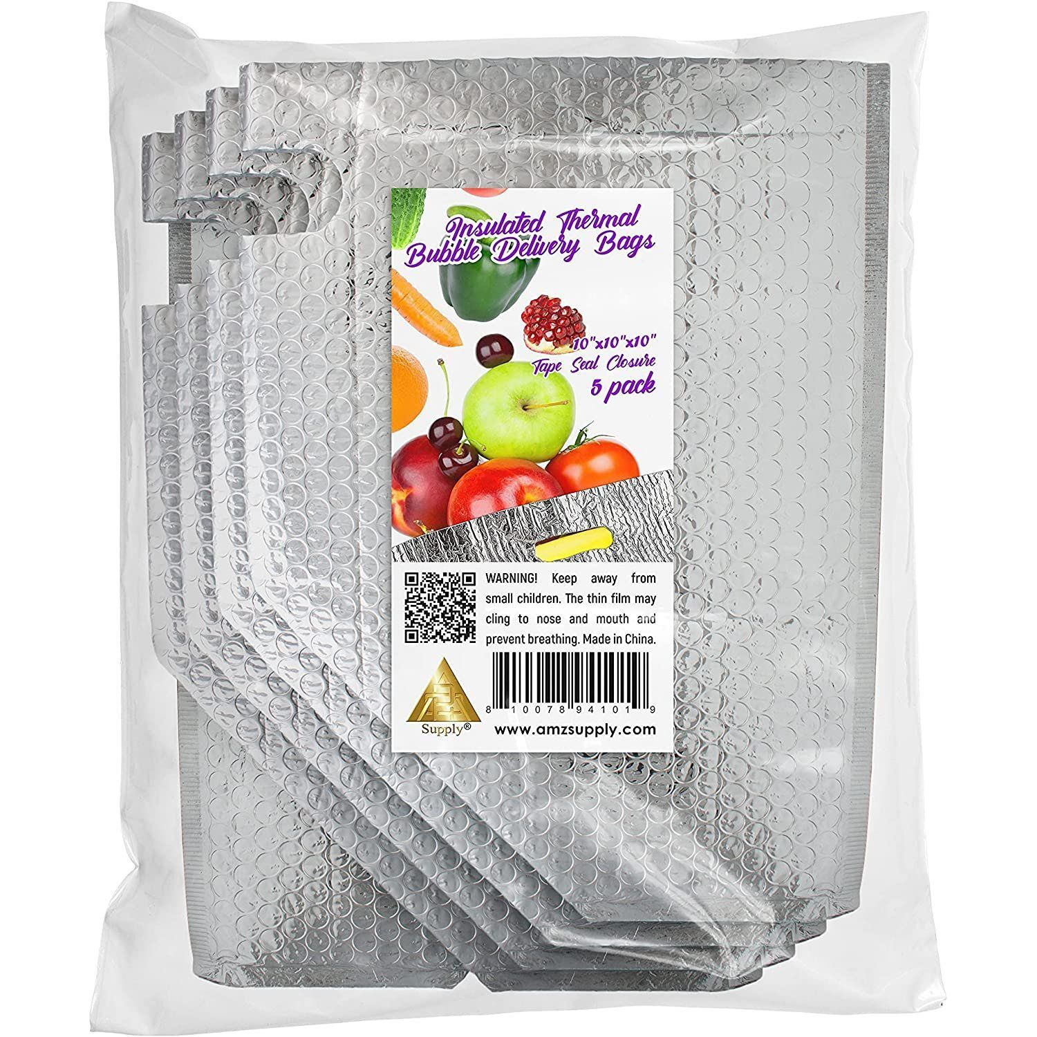 Pack of 5 Insulated Thermal Bubble Bags with Hand Hole Lightweight High capacity Metallized Foil Tote Bag 10x10x15 Easy Use Adhesive Tape Seal closure Perfect for Hot or cold Food Deliveries(D0102HI5SYW)