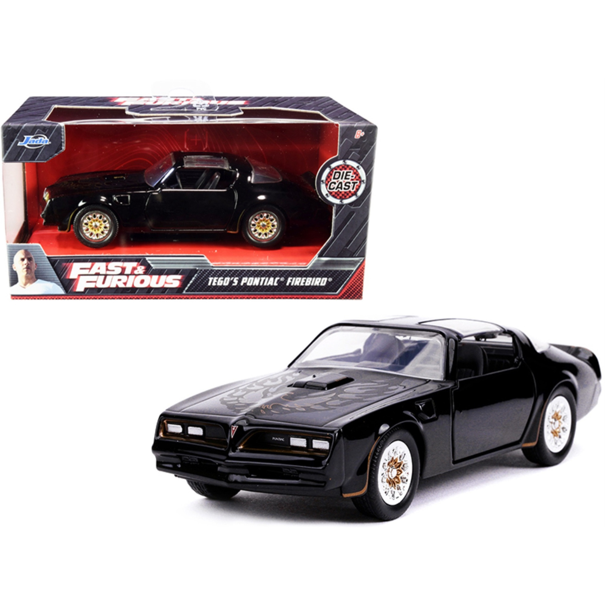 Tego's Pontiac Firebird Black with Gold Stripes and Hood Bird &quotFast & Furious" Series 1/32 Diecast Model Car by Jada