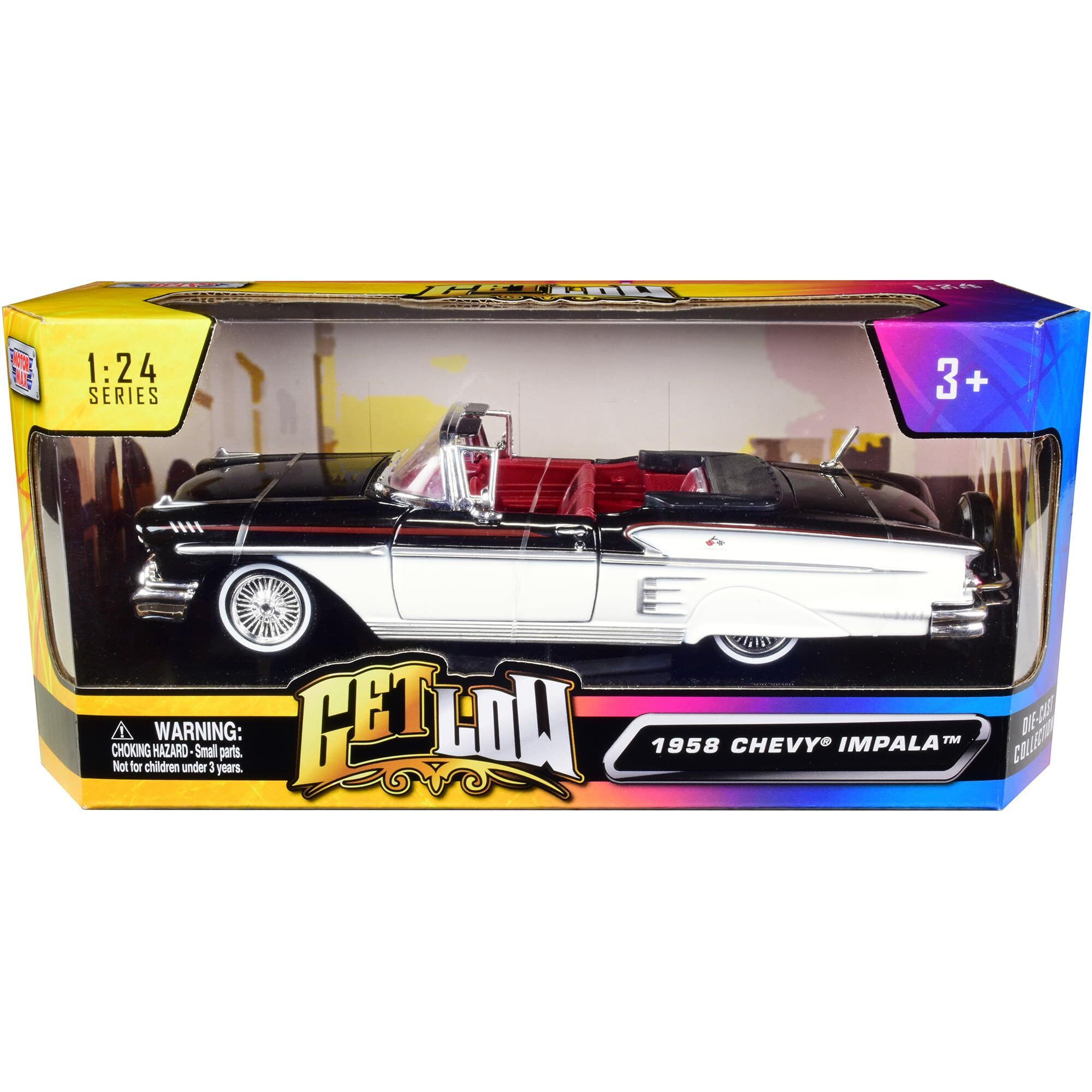 1958 Chevrolet Impala Convertible Lowrider Black and White with Red Interior Get Low Series 1/24 Diecast Model Car by Motormax