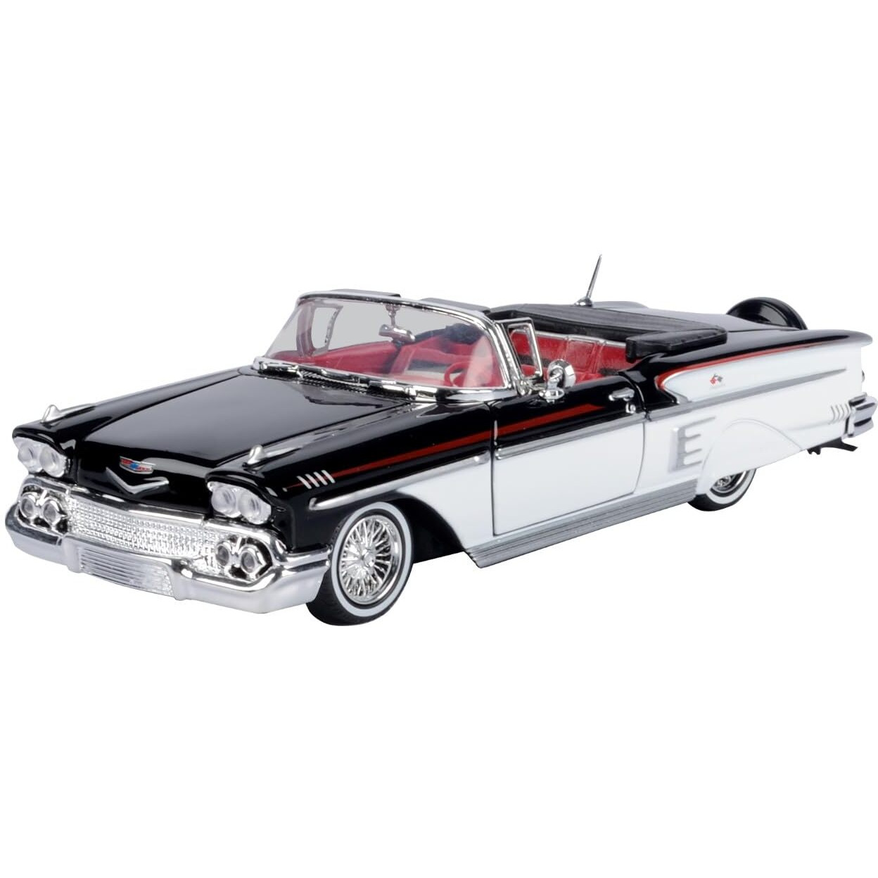 1958 Chevrolet Impala Convertible Lowrider Black and White with Red Interior Get Low Series 1/24 Diecast Model Car by Motormax