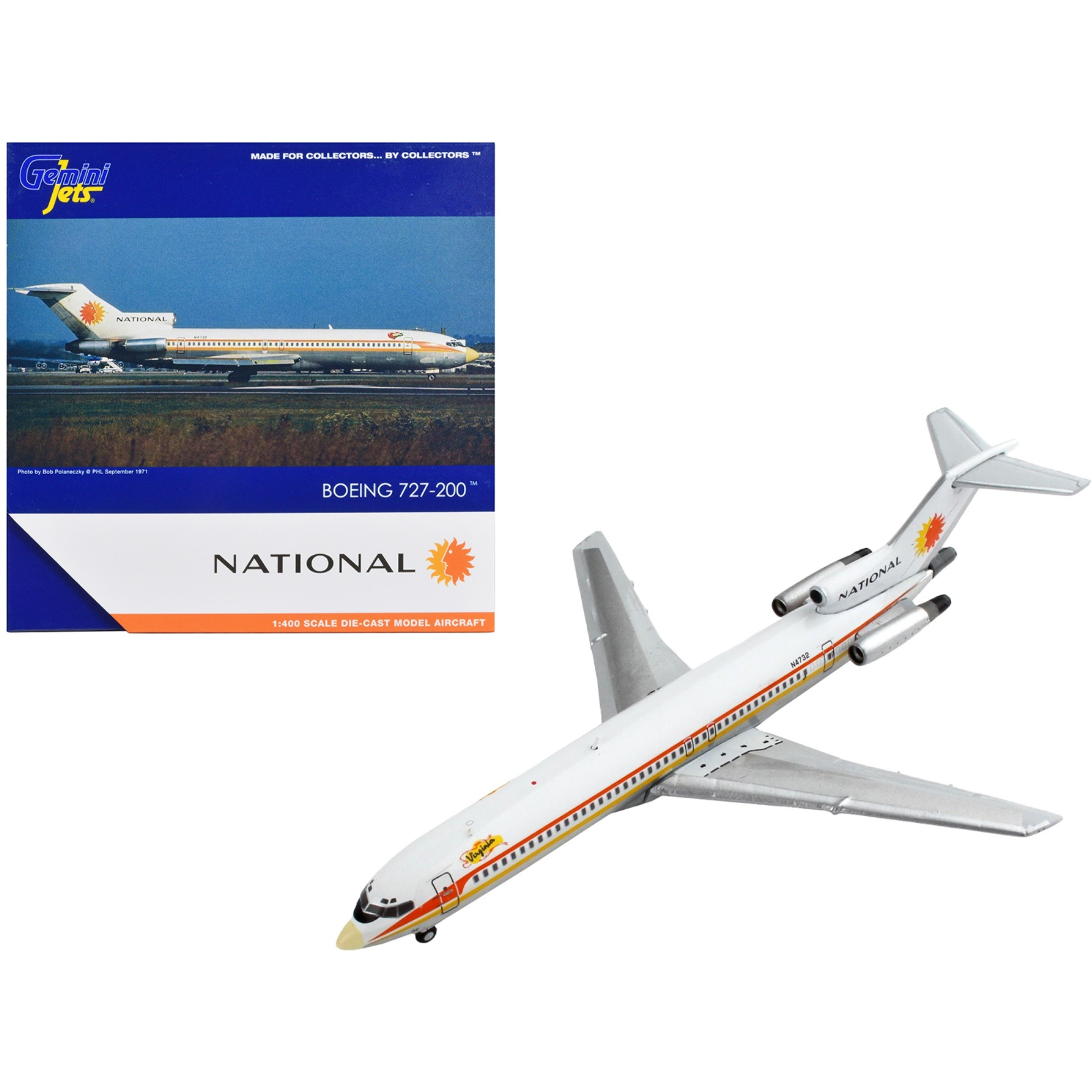Boeing 727-200 Commercial Aircraft &quotNational Airlines" White with Yellow and Orange Stripes 1/400 Diecast Model Airplane by GeminiJets